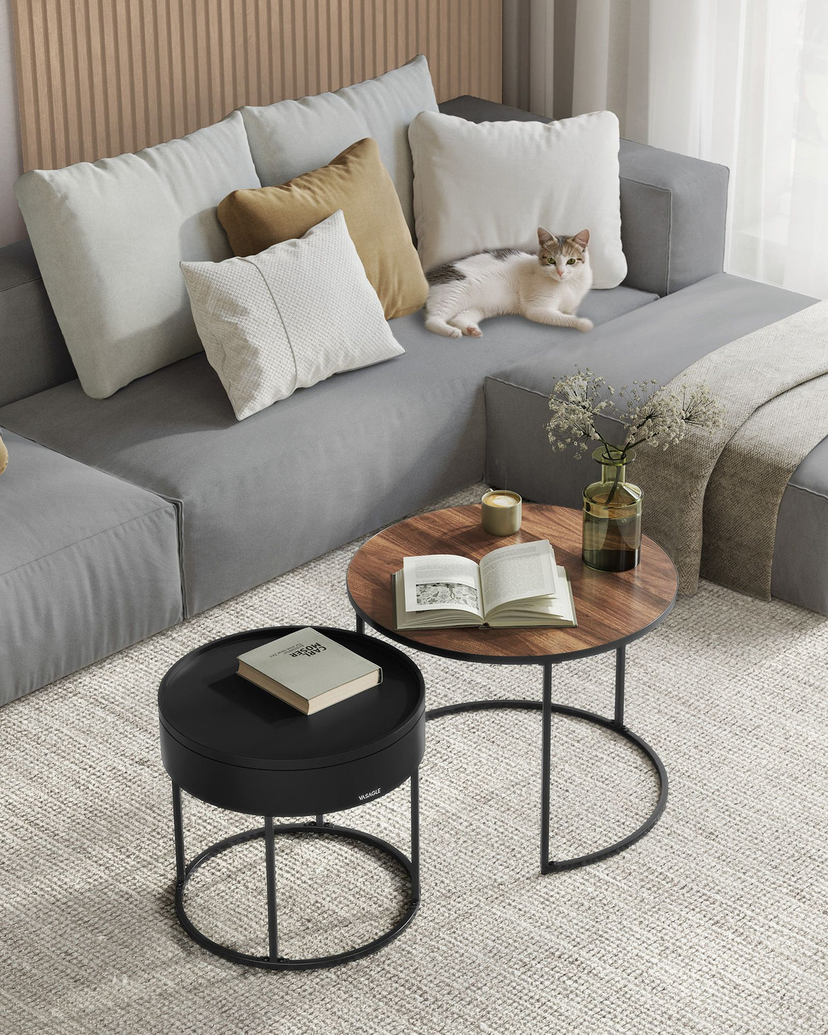 Rundes Couchtisch-Set, 2-teilig – Satztische – Beistelltische mit Stauraum – Moderne Holztische mit Stahlgestell