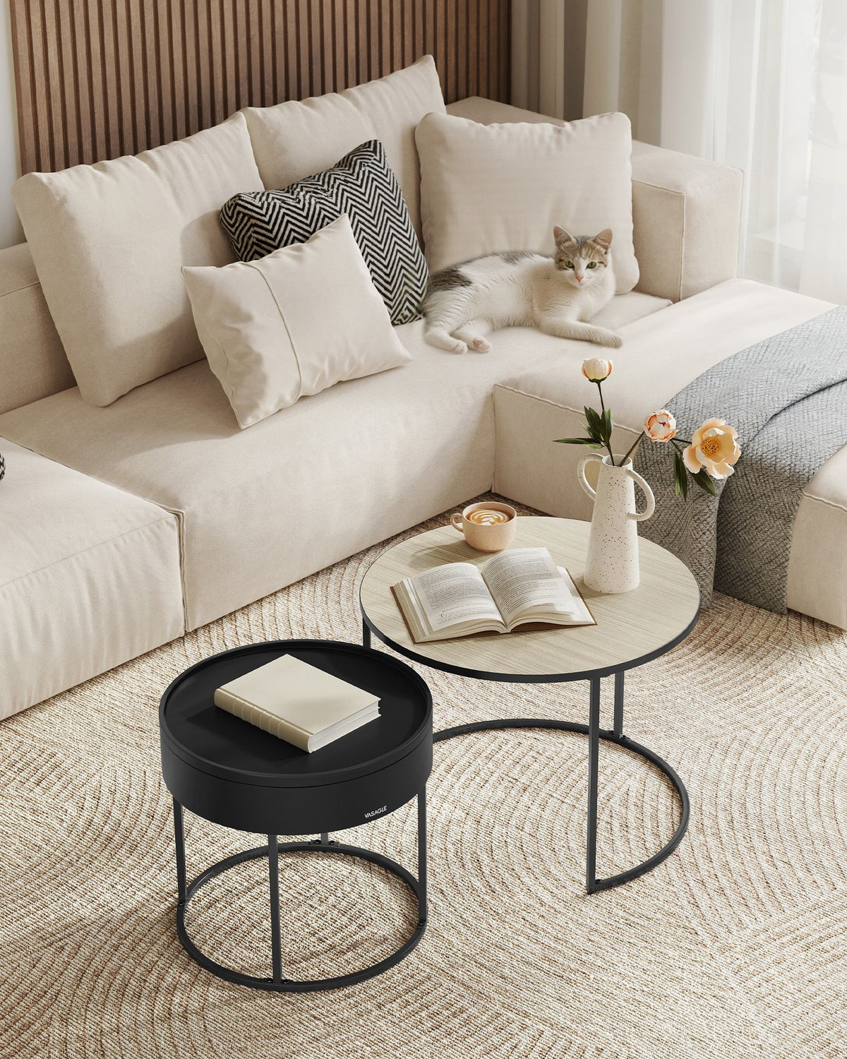 Rundes Couchtisch-Set, 2-teilig – Satztische – Beistelltische mit Stauraum – Moderne Holztische mit Stahlgestell