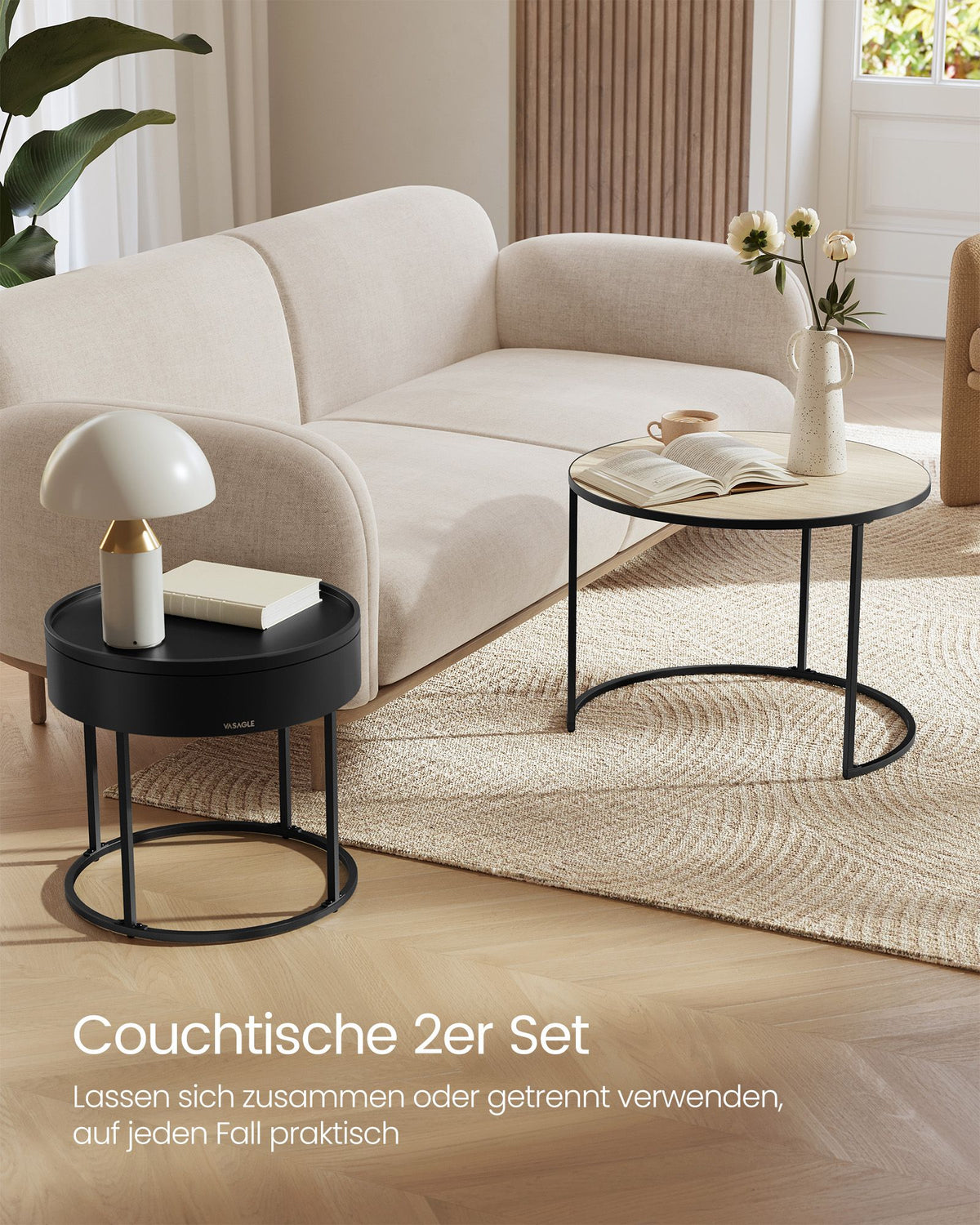 Rundes Couchtisch-Set, 2-teilig – Satztische – Beistelltische mit Stauraum – Moderne Holztische mit Stahlgestell