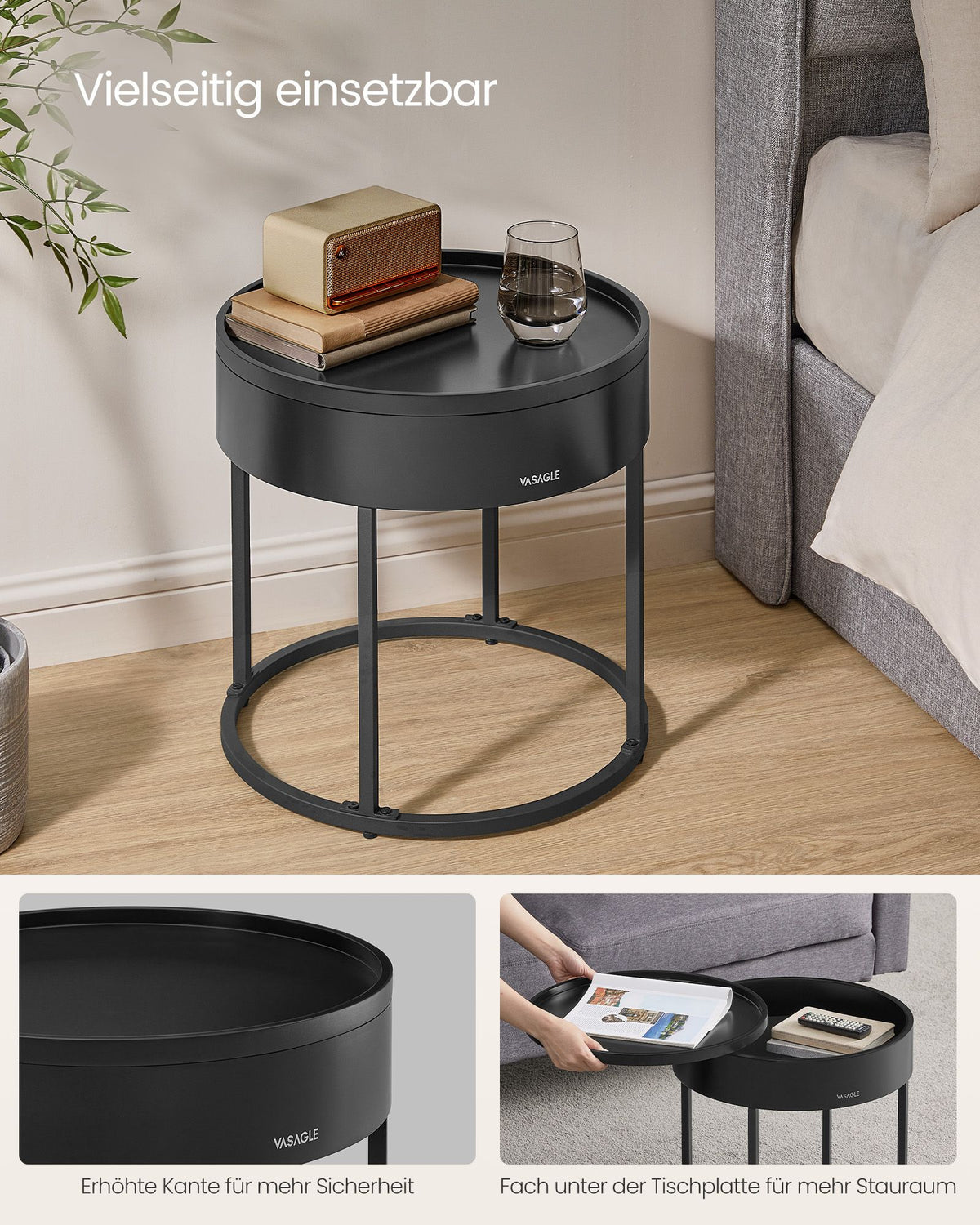 Rundes Couchtisch-Set, 2-teilig – Satztische – Beistelltische mit Stauraum – Moderne Holztische mit Stahlgestell