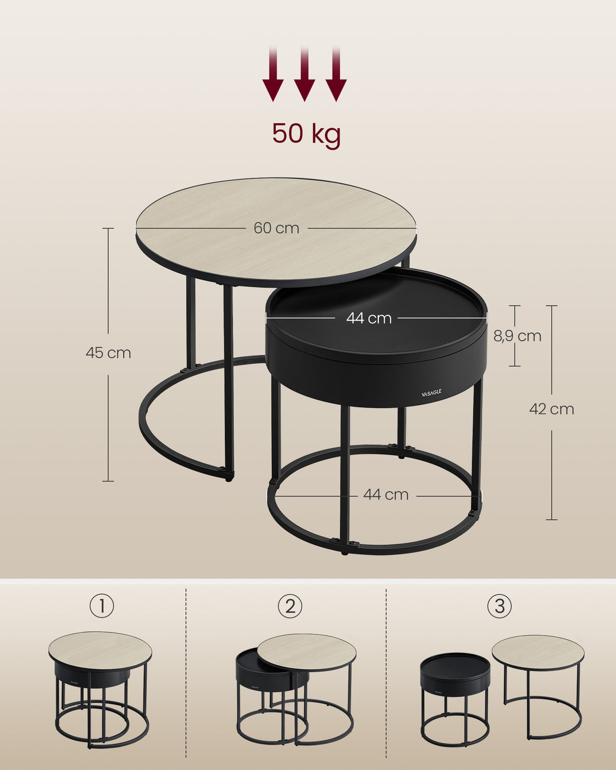 Rundes Couchtisch-Set, 2-teilig – Satztische – Beistelltische mit Stauraum – Moderne Holztische mit Stahlgestell