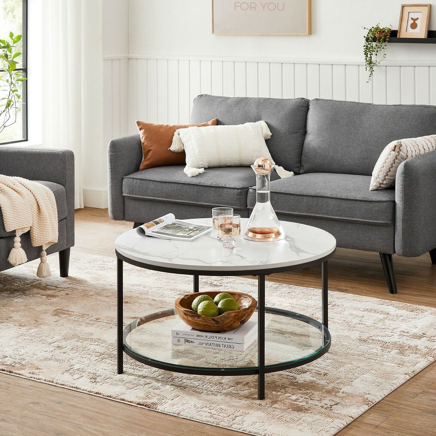Couchtisch mit Tischplatte in Marmoroptik – Glasplatte – doppelte Stellfläche