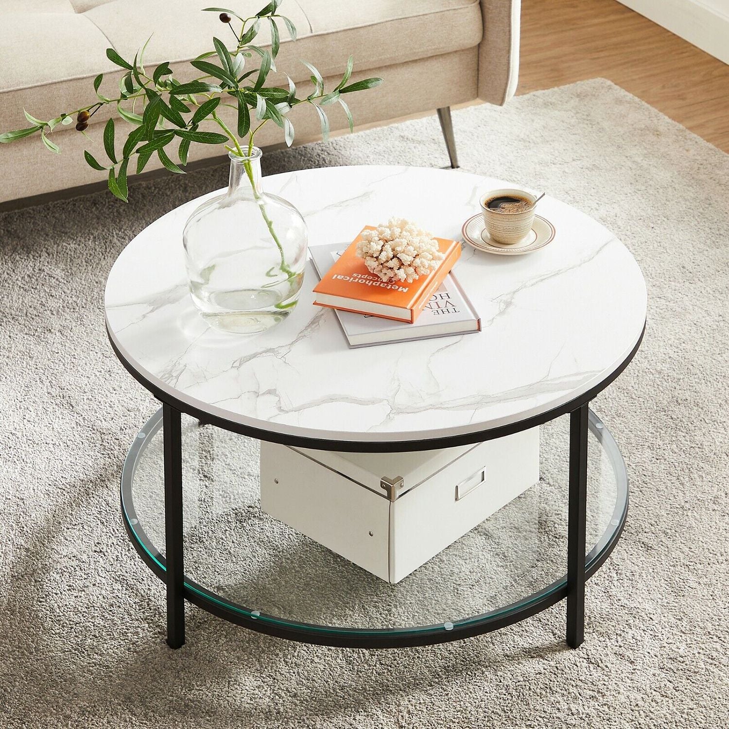 Couchtisch mit Tischplatte in Marmoroptik – Glasplatte – doppelte Stellfläche