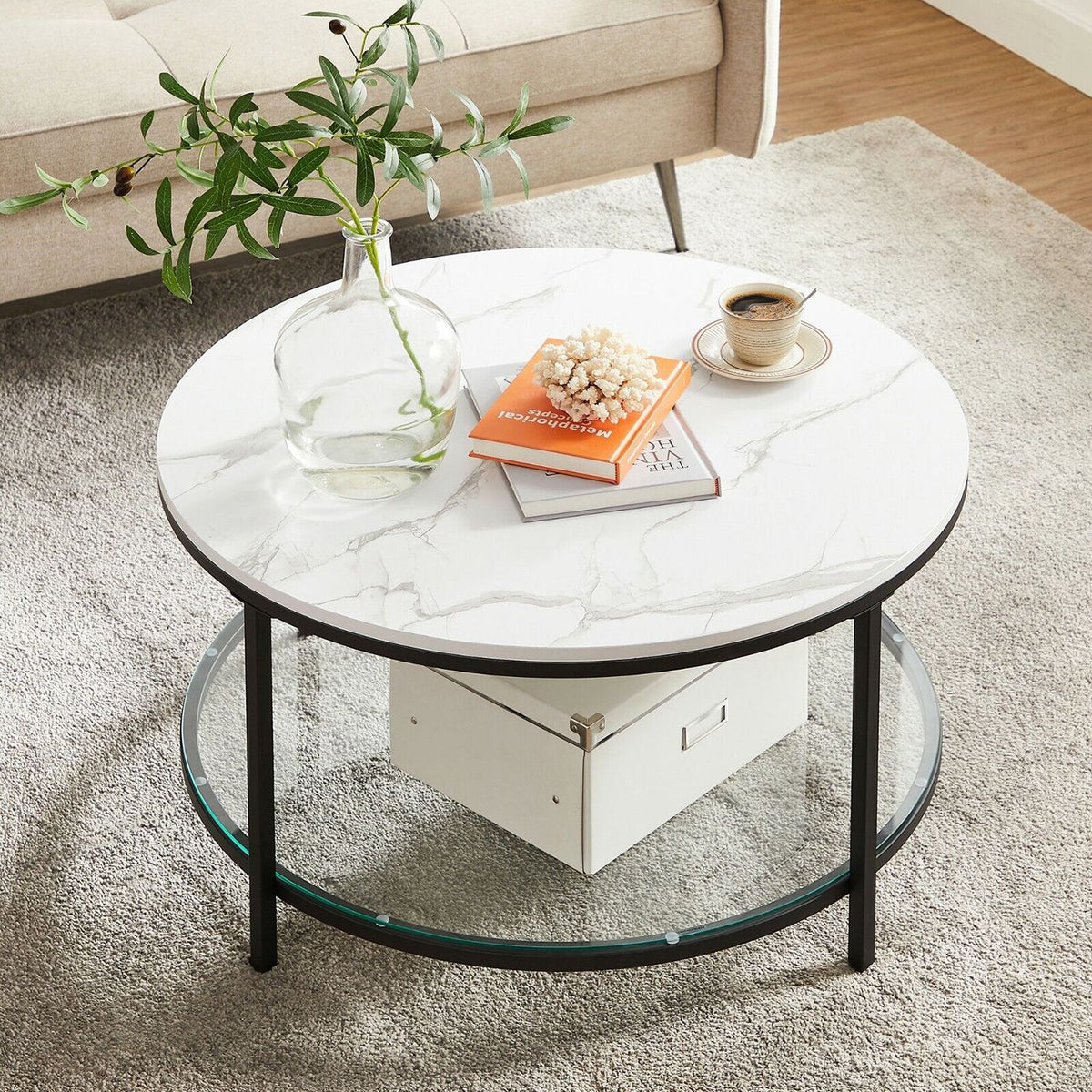 Couchtisch mit Tischplatte in Marmoroptik – Glasplatte – doppelte Stellfläche