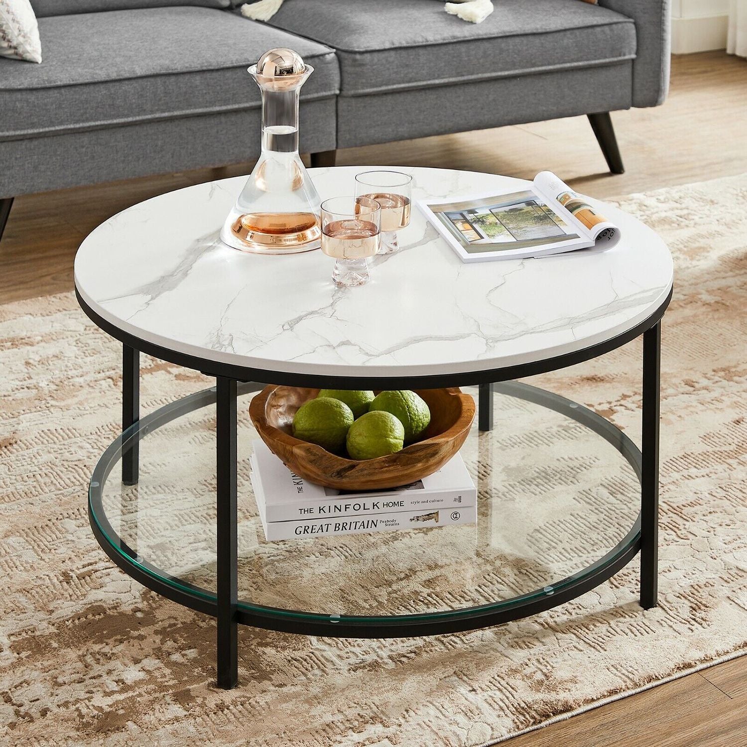 Couchtisch mit Tischplatte in Marmoroptik – Glasplatte – doppelte Stellfläche