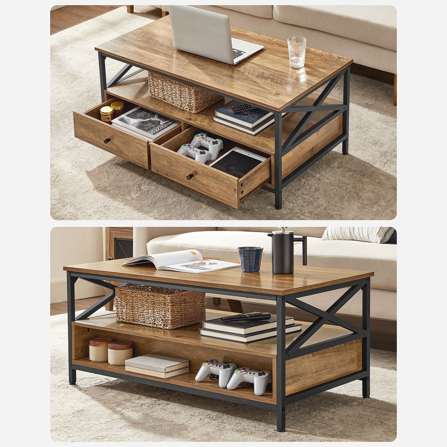 Couchtisch mit 2 Schubladen - Verstellbare Beine - Eiche