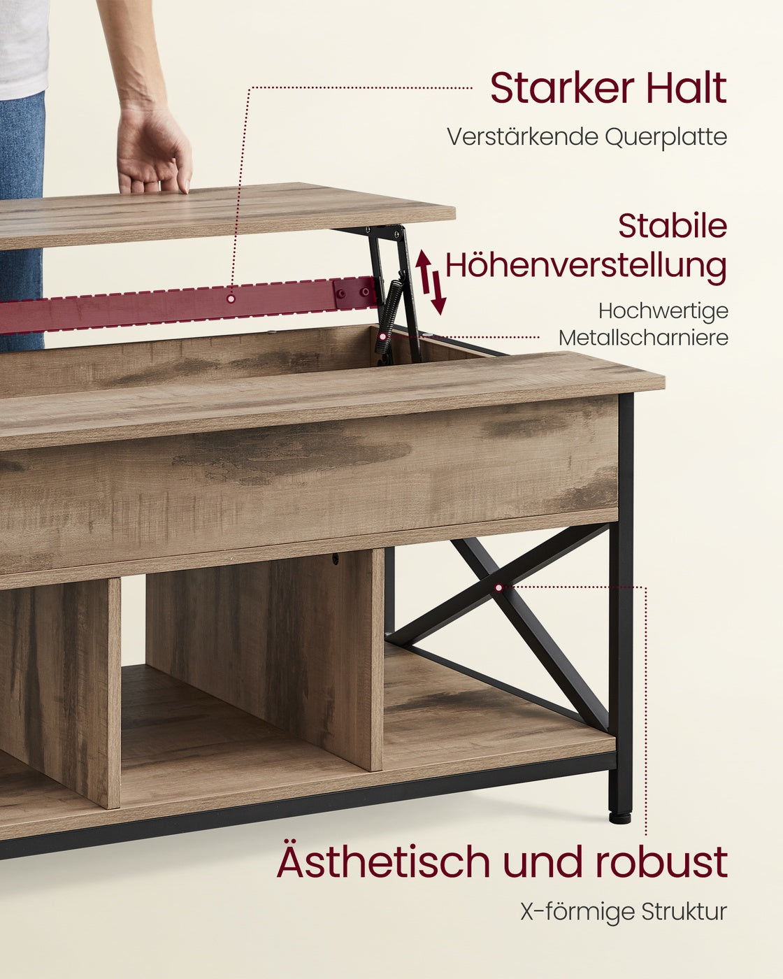 Couchtisch mit Stauraum - Höhenverstellbare Platte - Wohnzimmertisch