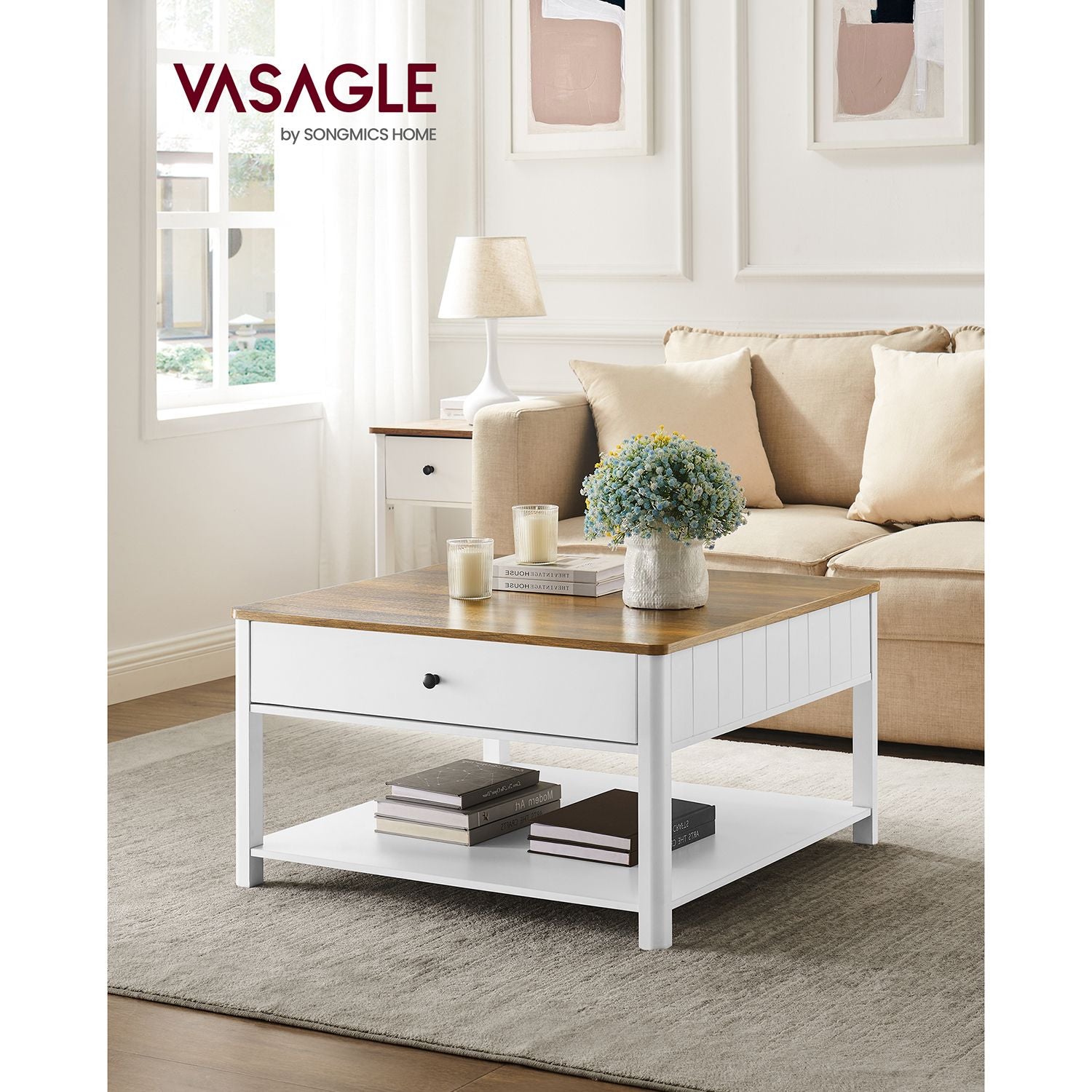 Couchtisch mit Schublade - Braune Tischplatte - Weißes Gestell - Kaffeetisch - 80 x 80 cm