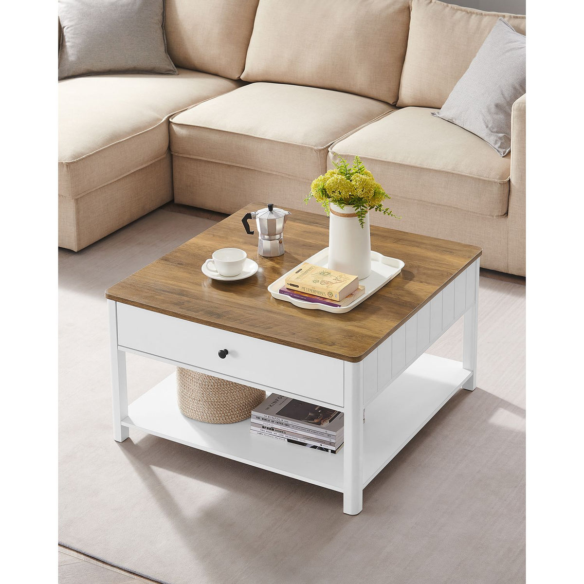 Couchtisch mit Schublade - Braune Tischplatte - Weißes Gestell - Kaffeetisch - 80 x 80 cm