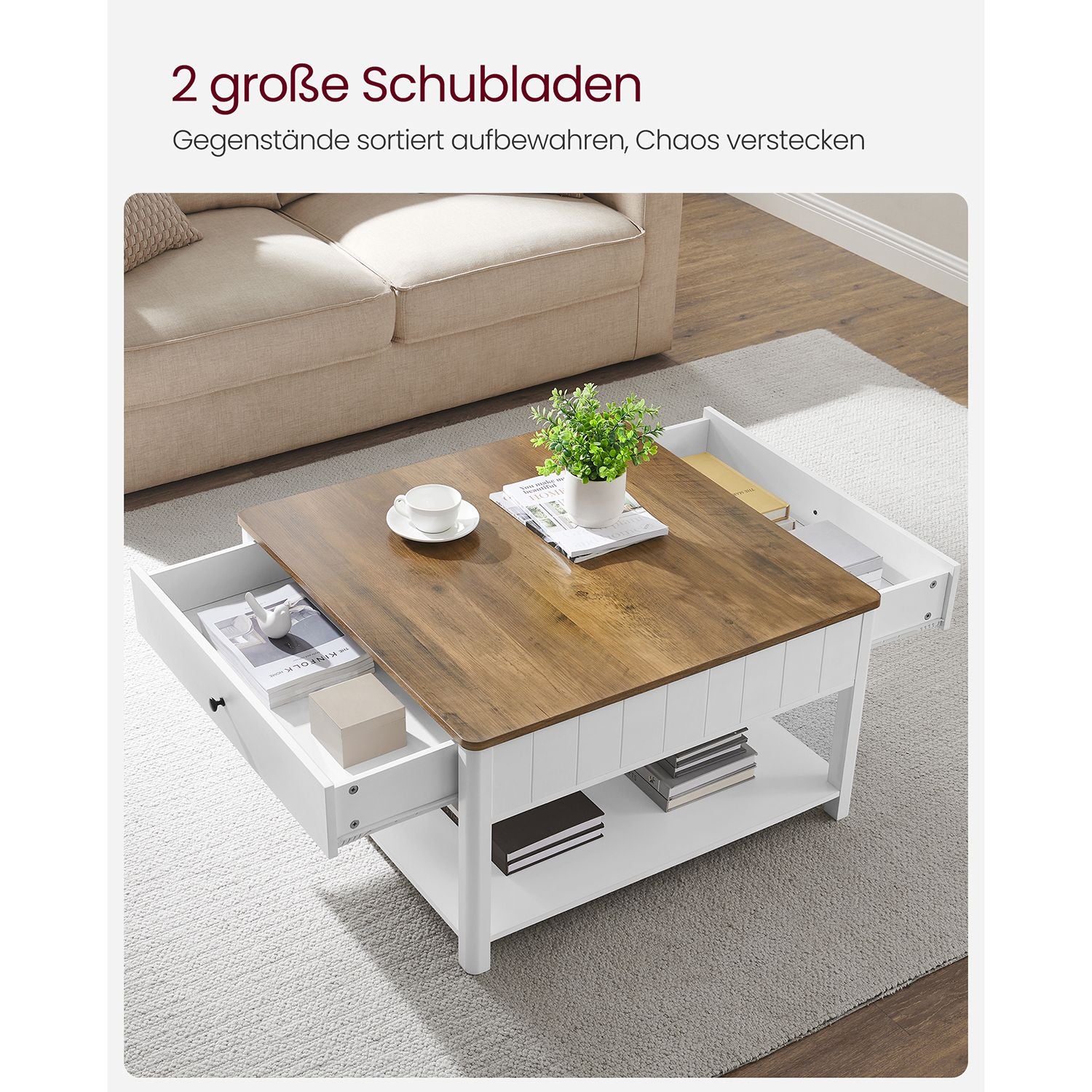 Couchtisch mit Schublade - Braune Tischplatte - Weißes Gestell - Kaffeetisch - 80 x 80 cm