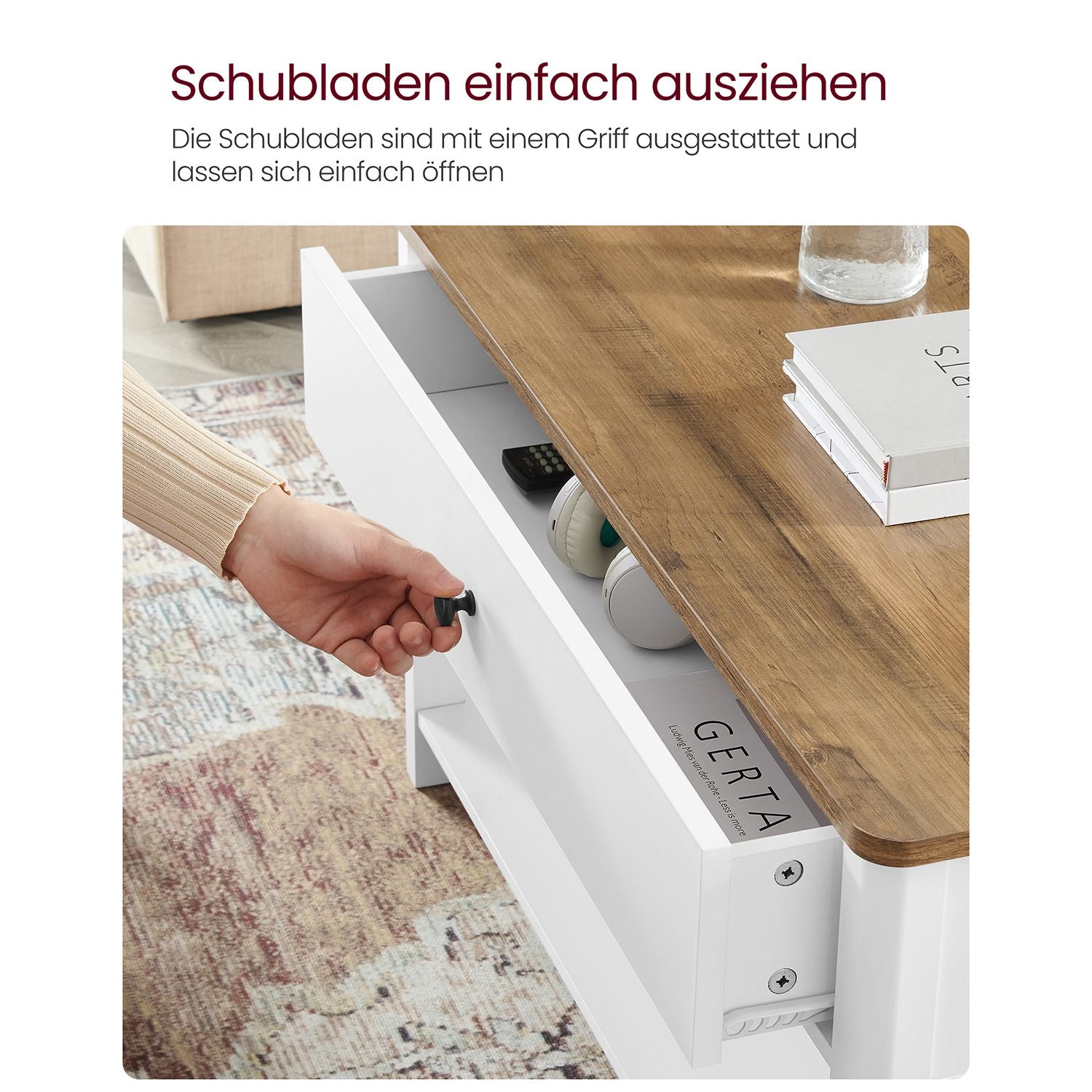 Couchtisch mit Schublade - Braune Tischplatte - Weißes Gestell - Kaffeetisch - 80 x 80 cm