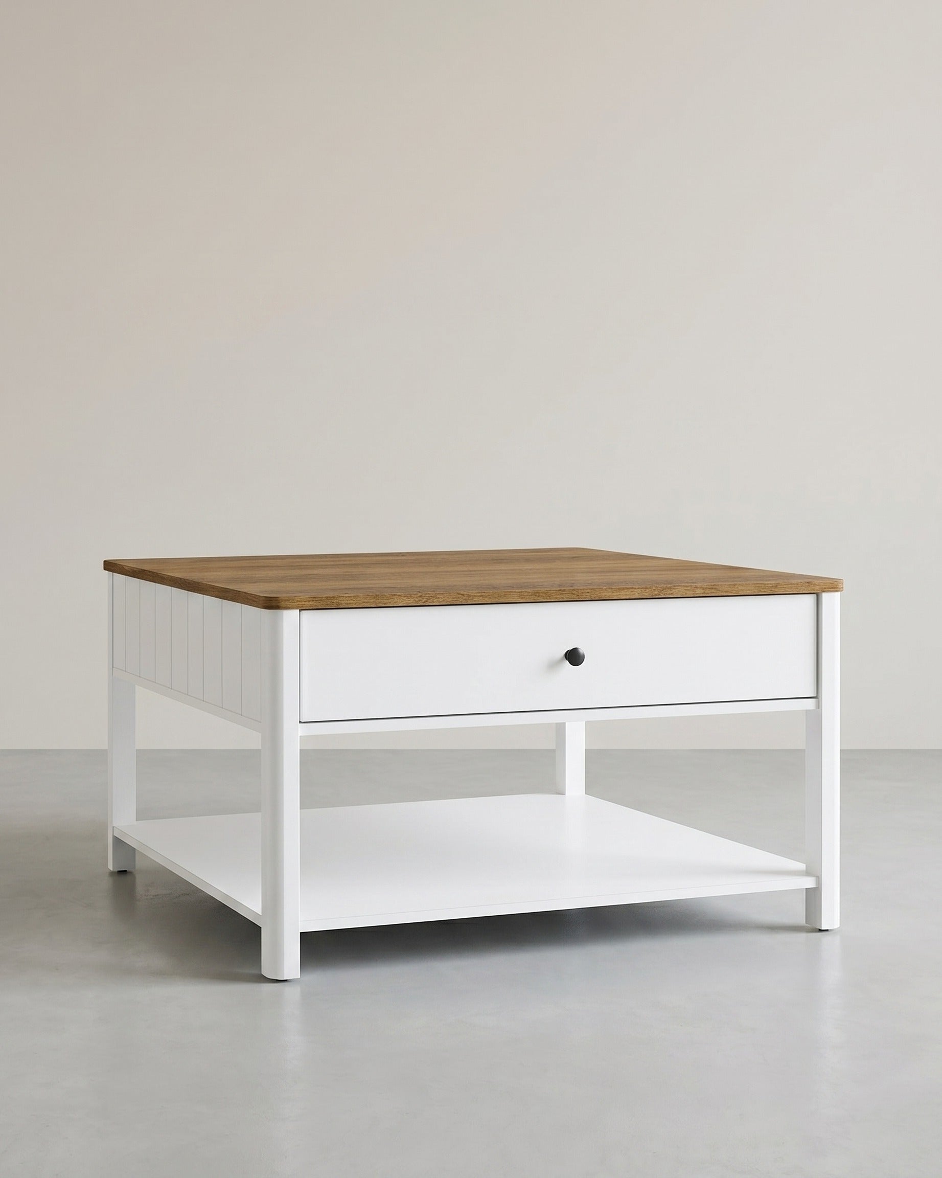 Couchtisch mit Schublade - Braune Tischplatte - Weißes Gestell - Kaffeetisch - 80 x 80 cm