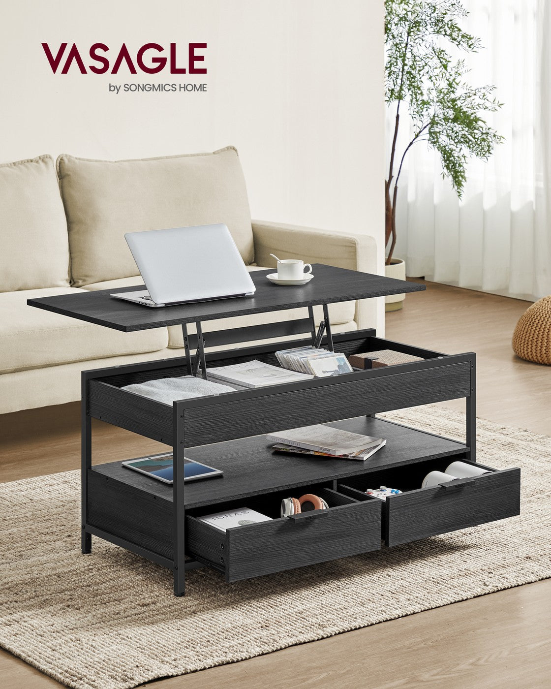 Couchtisch mit verstellbarer Tischplatte – Industriedesign – 100 cm breit – mit Stauraum