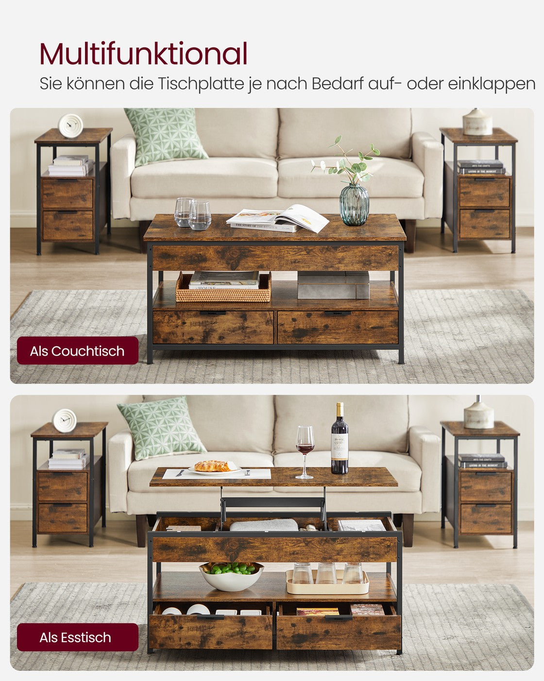 Couchtisch mit verstellbarer Tischplatte – Industriedesign – 100 cm breit – mit Stauraum