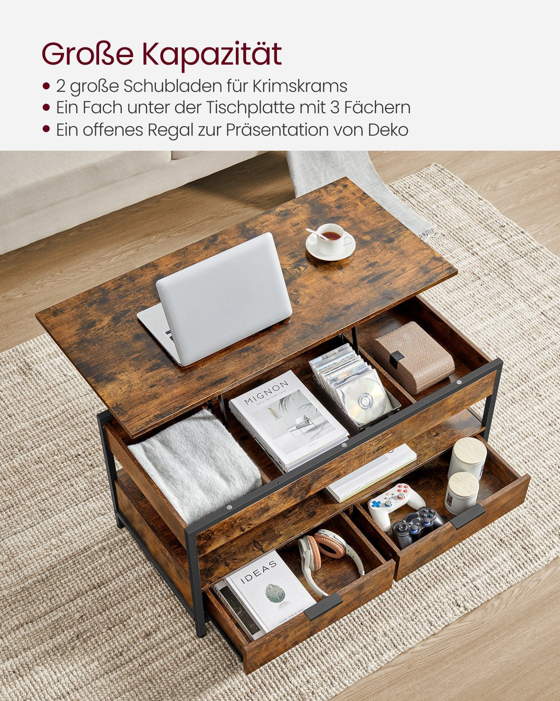 Couchtisch mit verstellbarer Tischplatte – Industriedesign – 100 cm breit – mit Stauraum