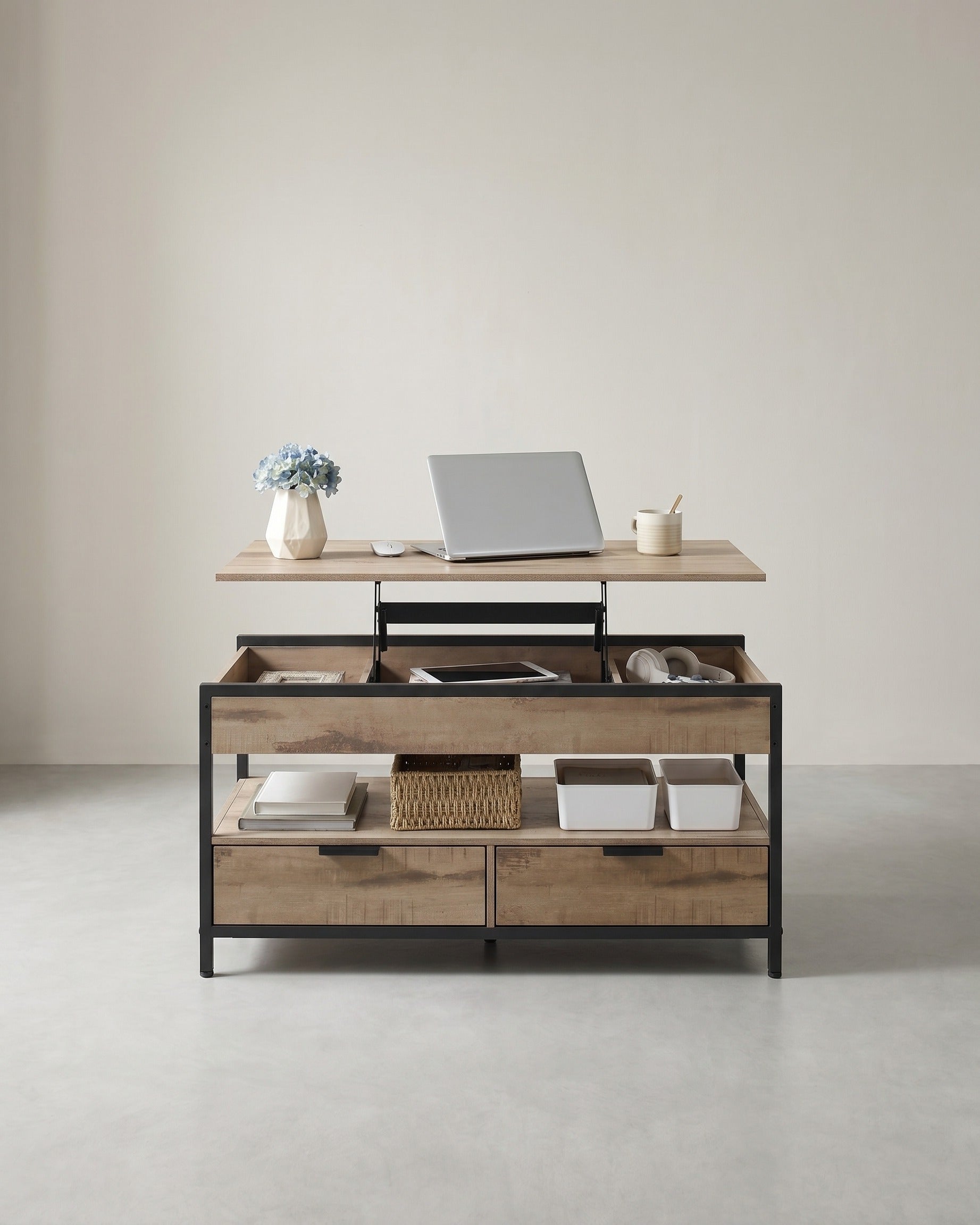 Couchtisch mit verstellbarer Tischplatte – Industriedesign – 100 cm breit – mit Stauraum – Karamellbraun
