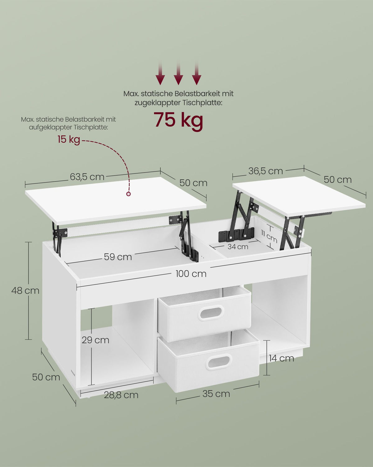 Couchtisch mit Hubfunktion – Moderner Couchtisch mit verstellbarer Tischplatte – Versteckter Stauraum & Schubladen – 100 cm – Holz & Stahl
