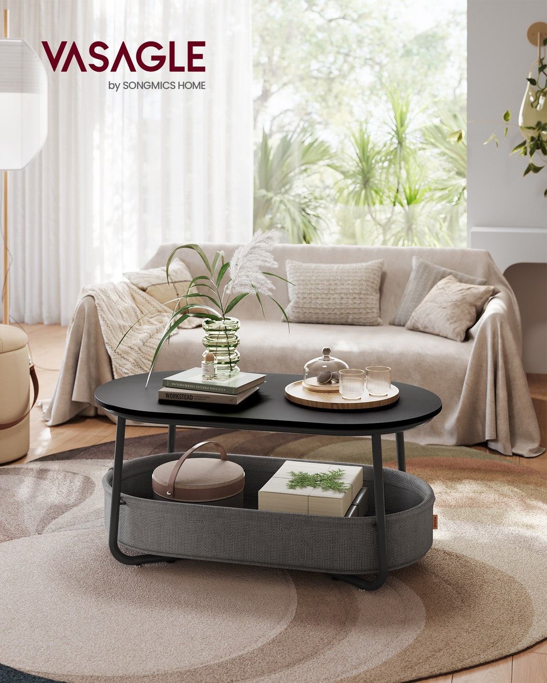 Couchtisch – Oval – Stauraum – Stahl und Spanplatte