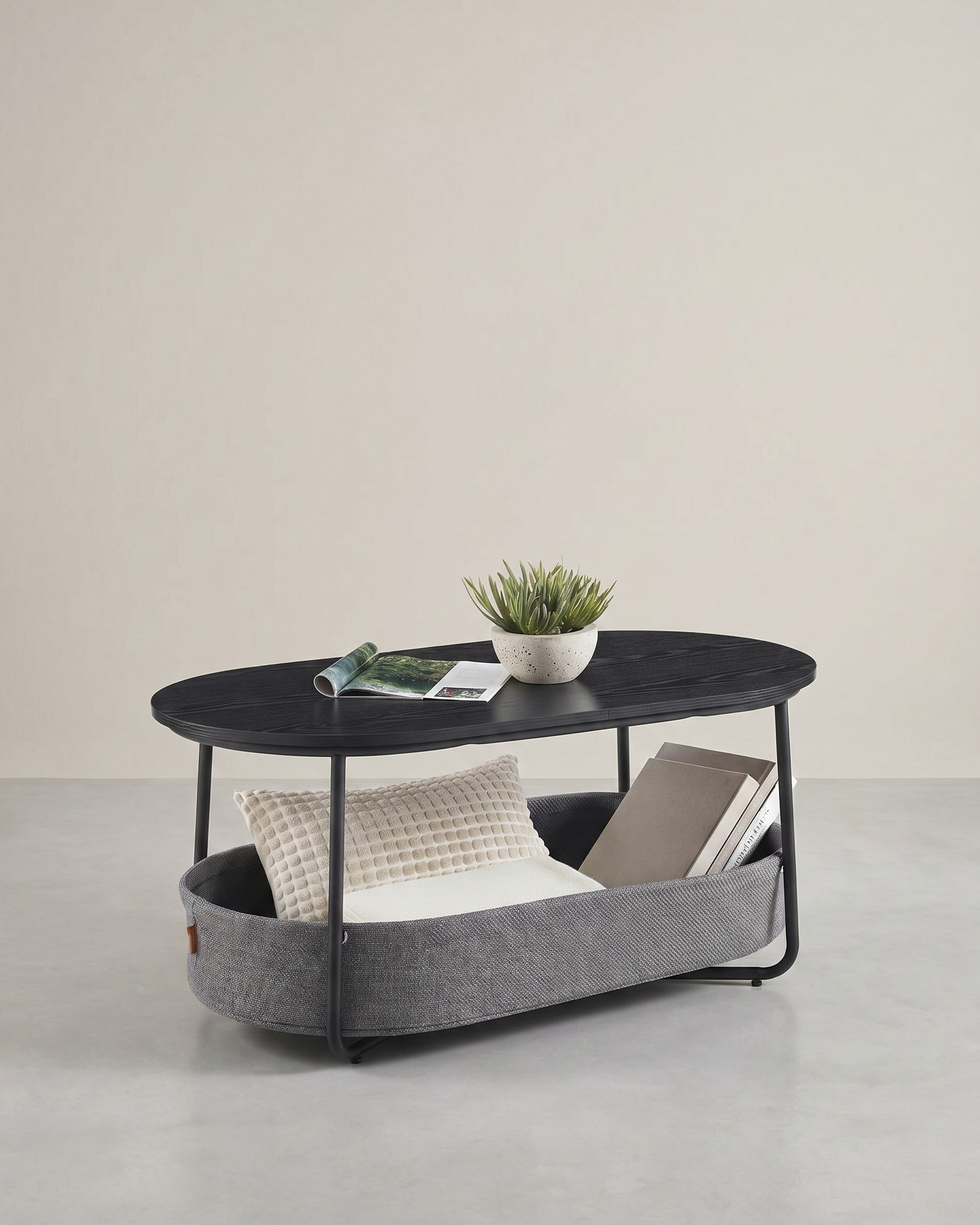 Couchtisch – Oval – Stauraum – Stahl und Spanplatte – Schwarz