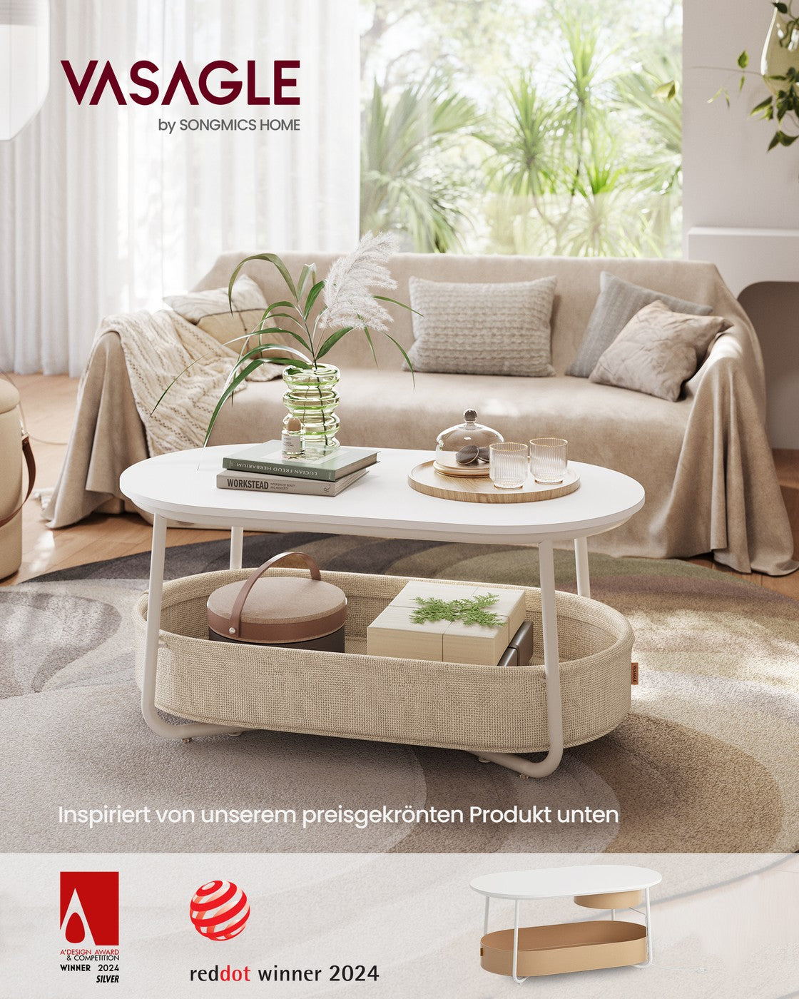Couchtisch – Oval – Stauraum – Stahl und Spanplatte