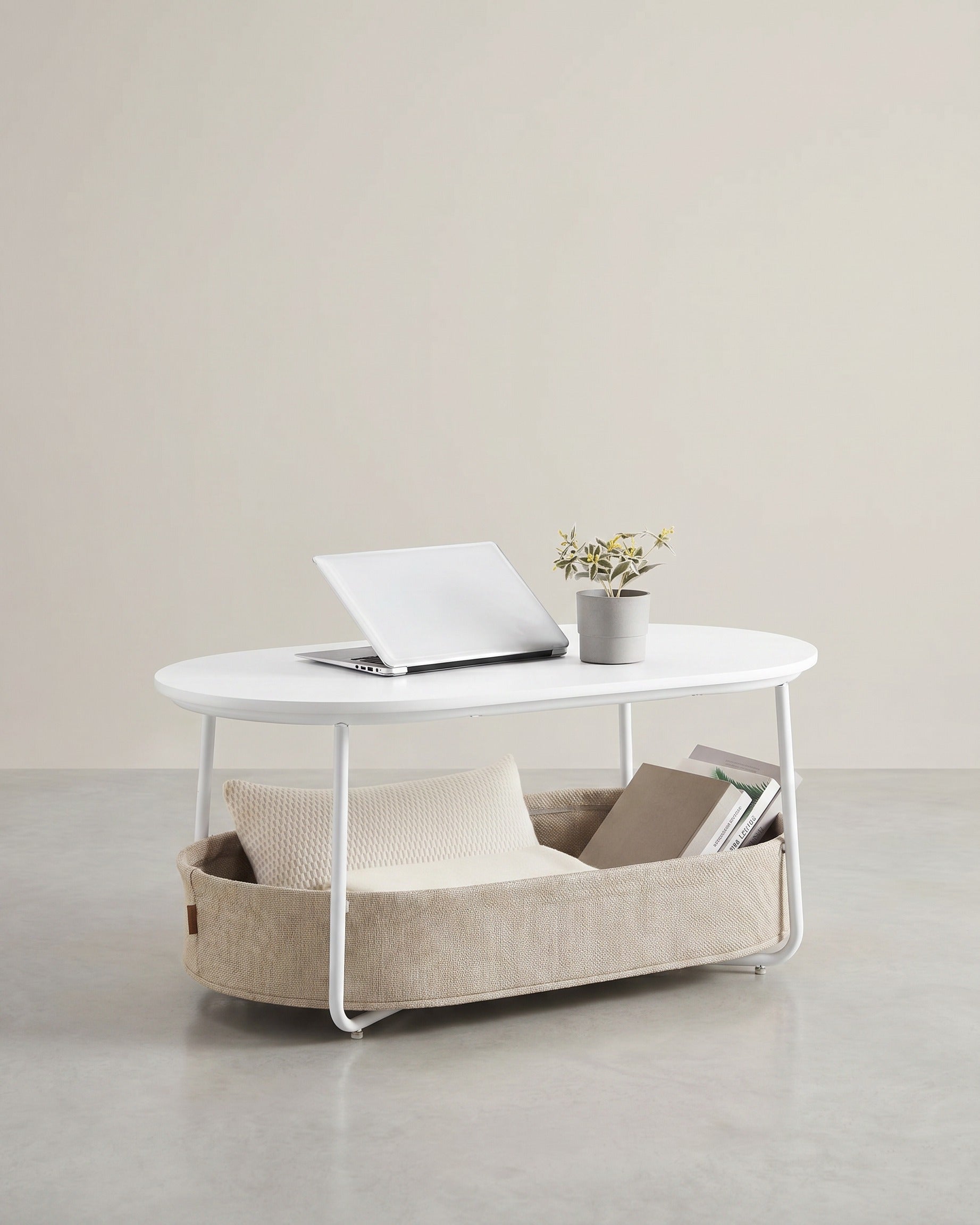 Couchtisch – Oval – Stauraum – Stahl und Spanplatte – Weiß