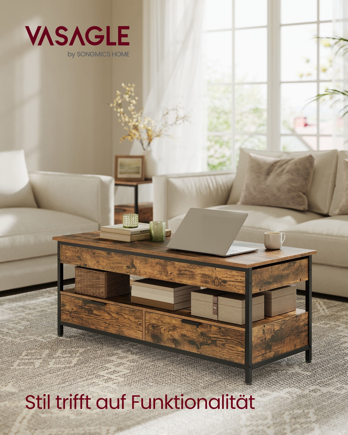 Verstellbarer Couchtisch im Industriestil mit anhebbarer Platte – 120 x 50 cm – Mit Schubladen und verstecktem Stauraum