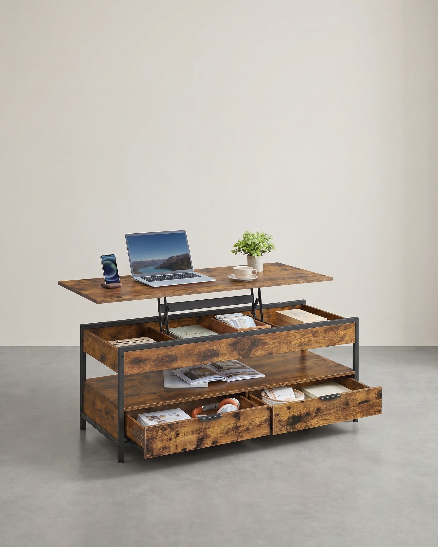 Verstellbarer Couchtisch im Industriestil mit anhebbarer Platte – 120 x 50 cm – Mit Schubladen und verstecktem Stauraum – Altbraun