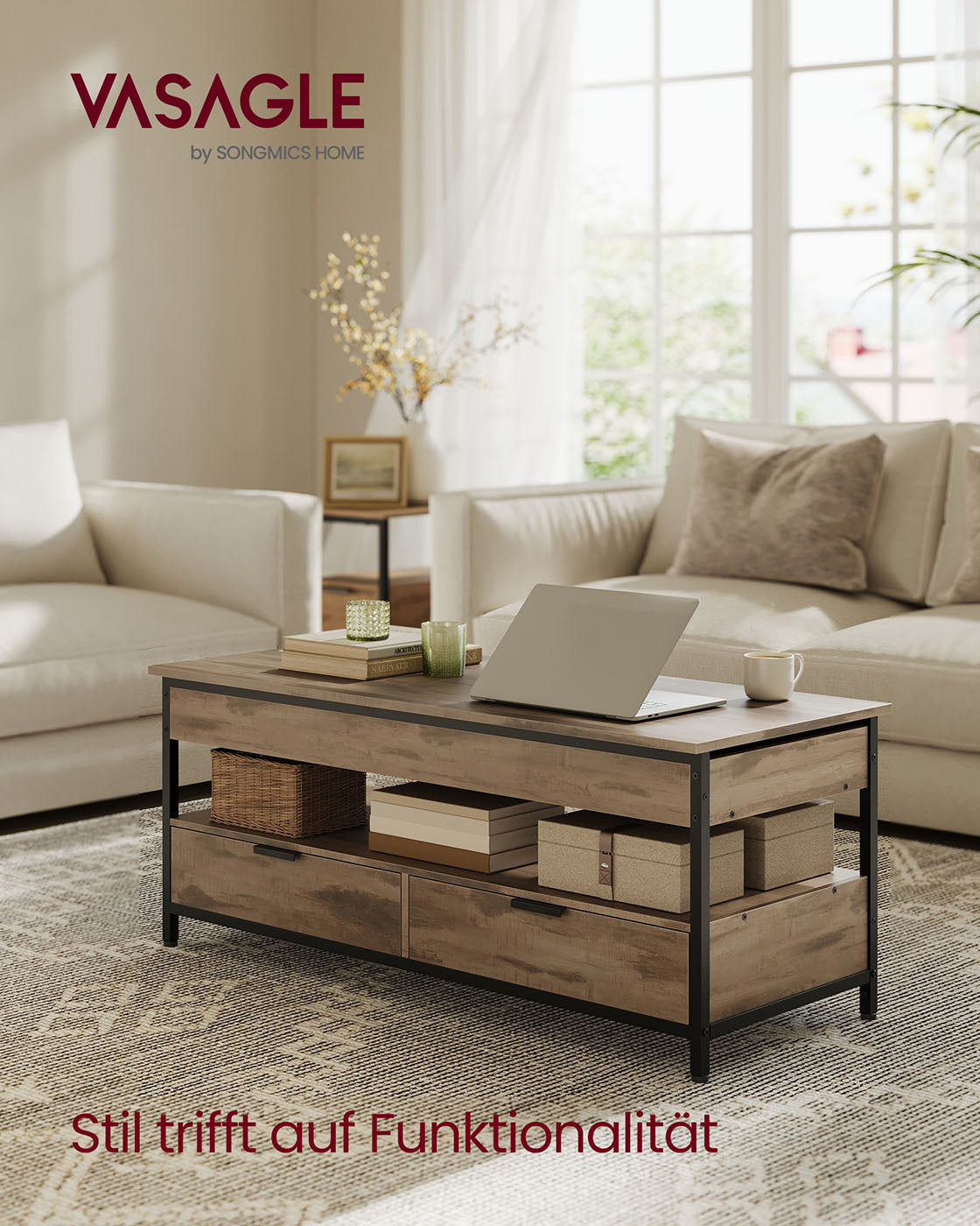 Verstellbarer Couchtisch im Industriestil mit anhebbarer Platte – 120 x 50 cm – Mit Schubladen und verstecktem Stauraum