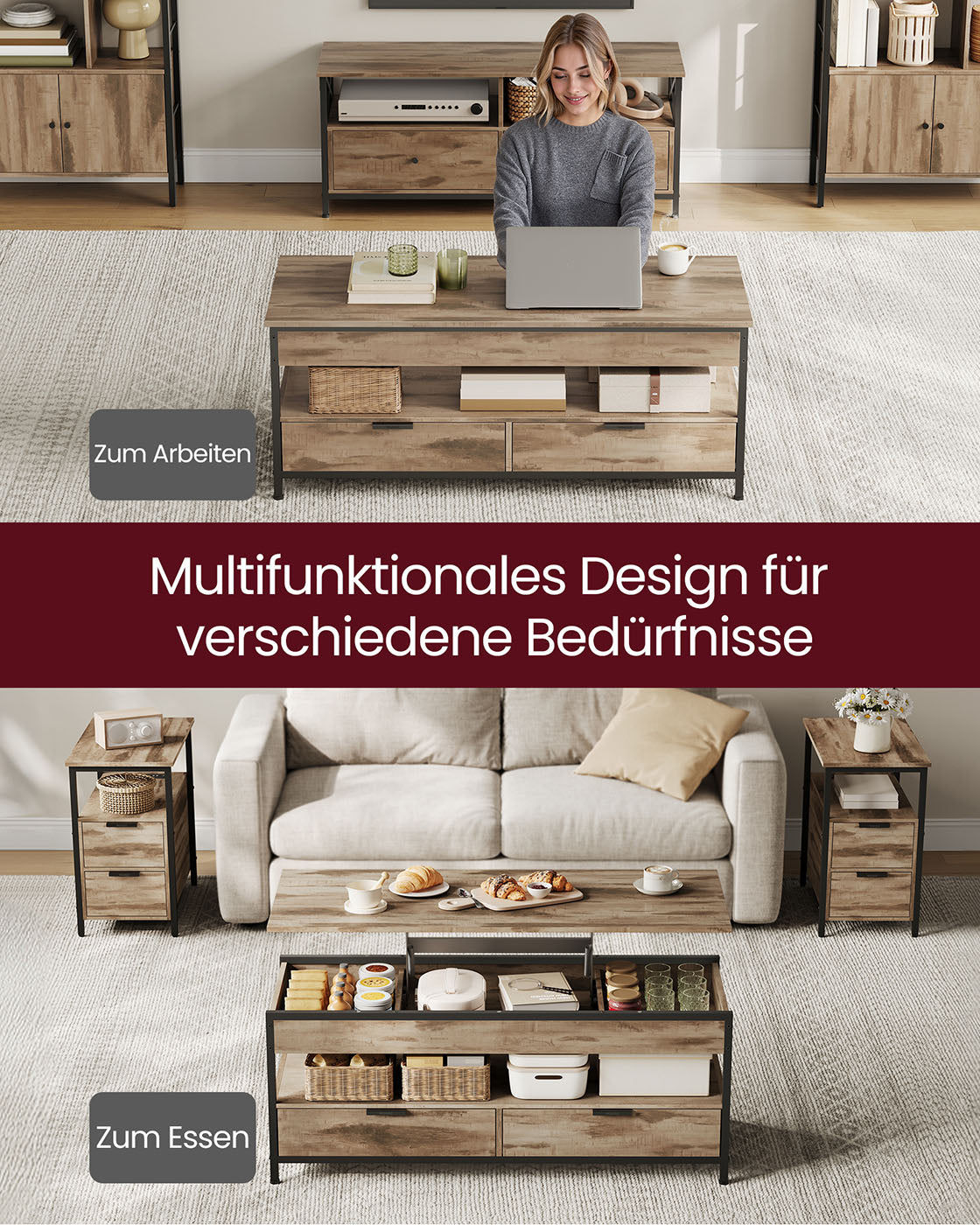 Verstellbarer Couchtisch im Industriestil mit anhebbarer Platte – 120 x 50 cm – Mit Schubladen und verstecktem Stauraum