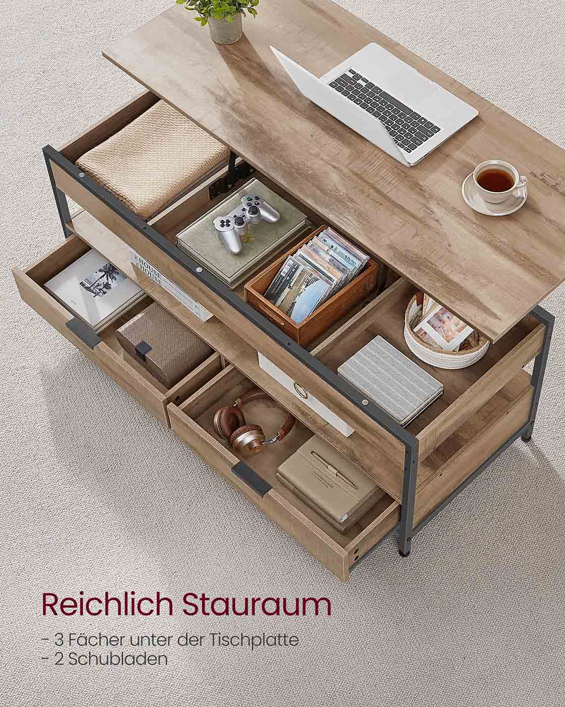 Verstellbarer Couchtisch im Industriestil mit anhebbarer Platte – 120 x 50 cm – Mit Schubladen und verstecktem Stauraum