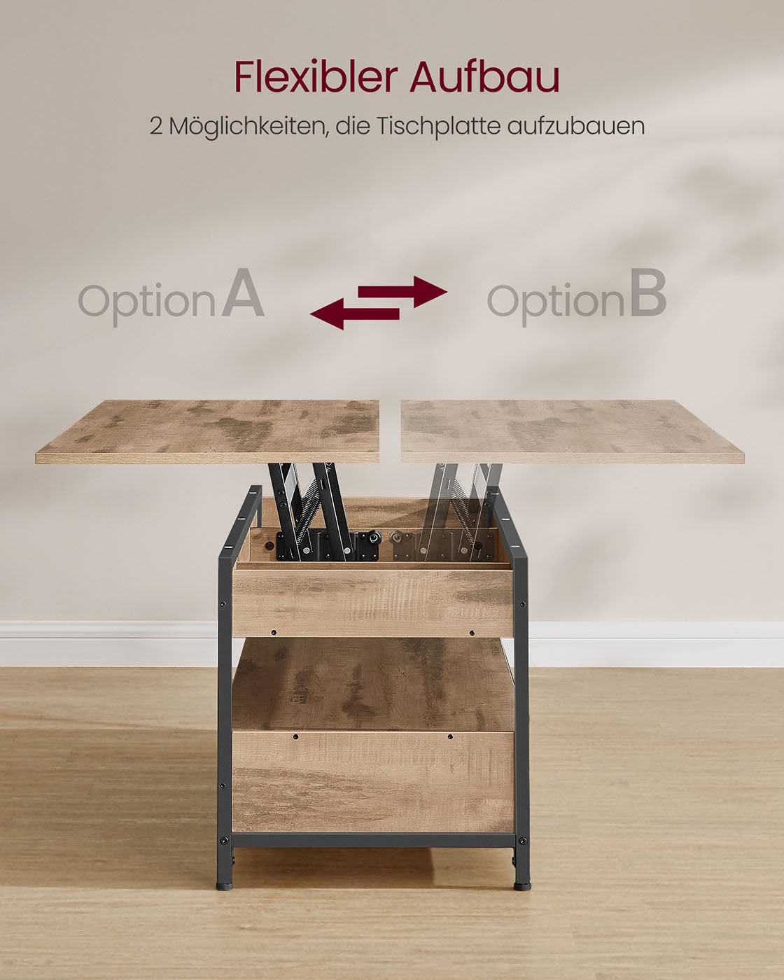 Verstellbarer Couchtisch im Industriestil mit anhebbarer Platte – 120 x 50 cm – Mit Schubladen und verstecktem Stauraum