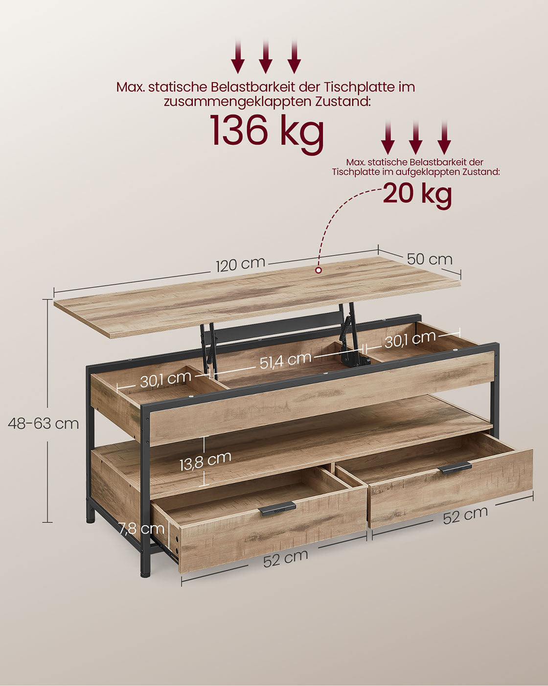 Verstellbarer Couchtisch im Industriestil mit anhebbarer Platte – 120 x 50 cm – Mit Schubladen und verstecktem Stauraum