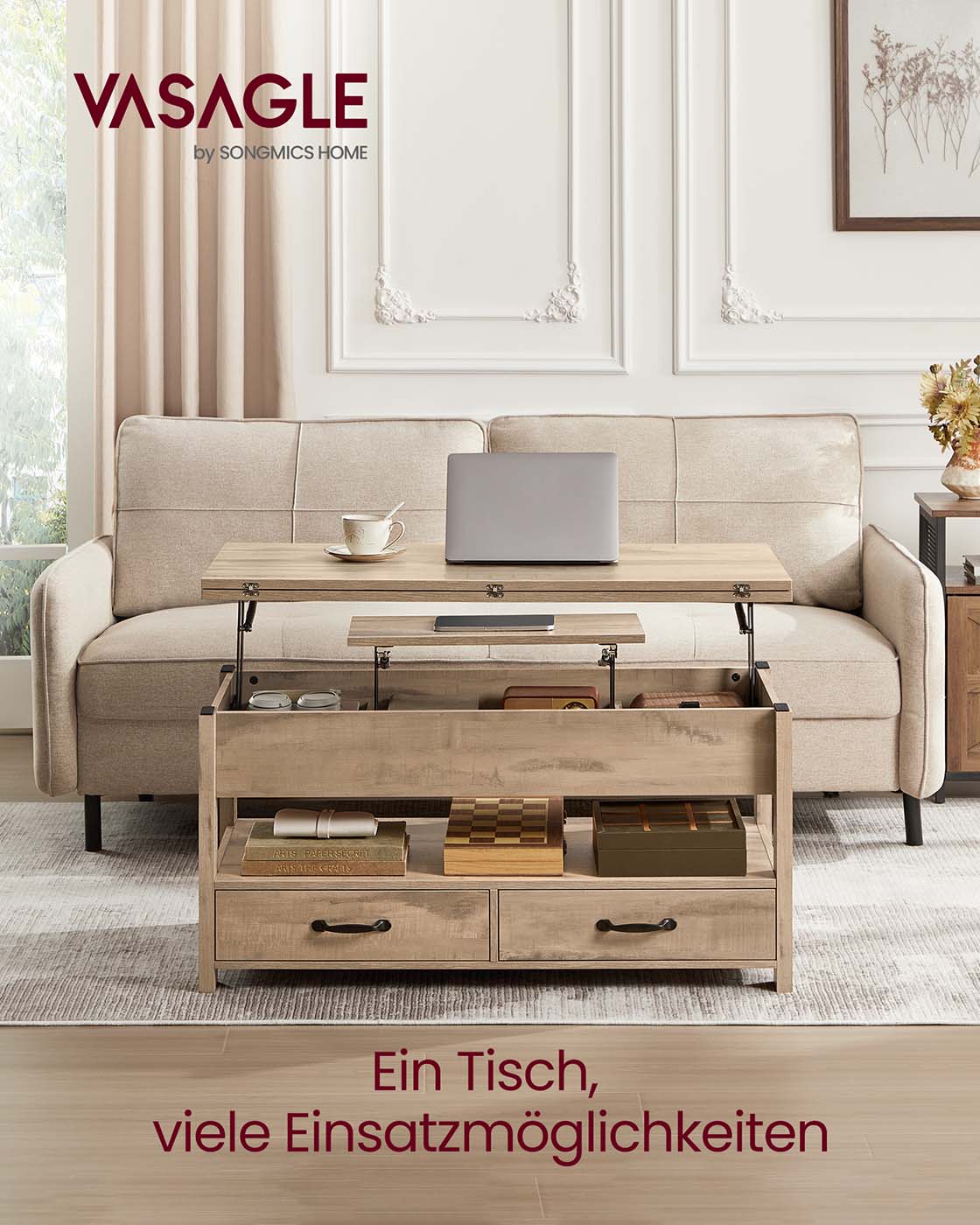 Couchtisch mit Klappplatte und verstecktem Stauraum – Multifunktional, verstellbar und modernes Design – 100 cm breit