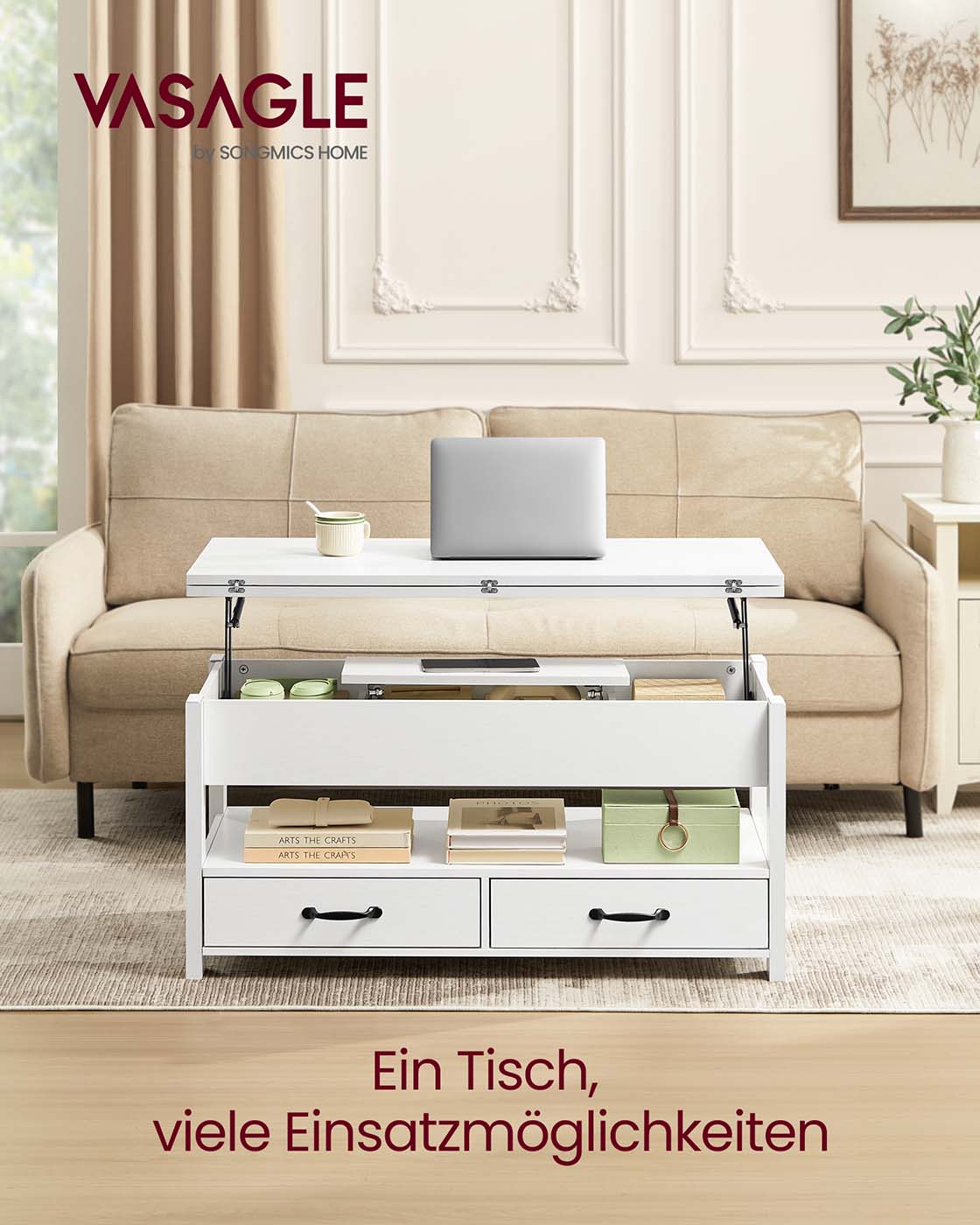 Couchtisch mit Klappplatte und verstecktem Stauraum – Multifunktional, verstellbar und modernes Design – 100 cm breit