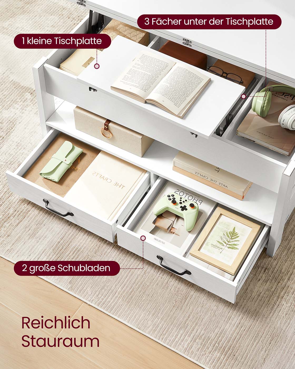 Couchtisch mit Klappplatte und verstecktem Stauraum – Multifunktional, verstellbar und modernes Design – 100 cm breit