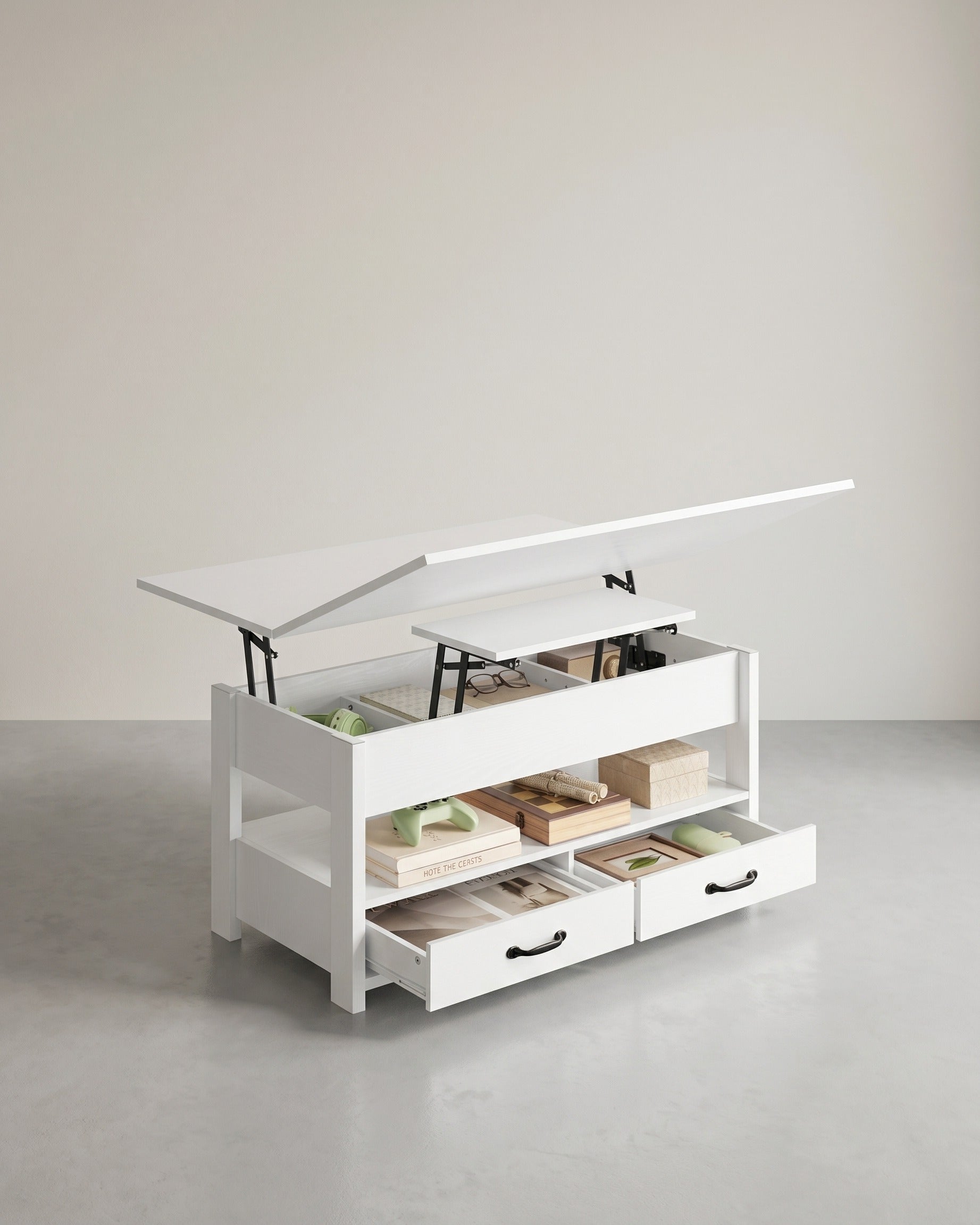 Couchtisch mit Klappplatte und verstecktem Stauraum – Multifunktional, verstellbar und modernes Design – 100 cm breit – Weiß