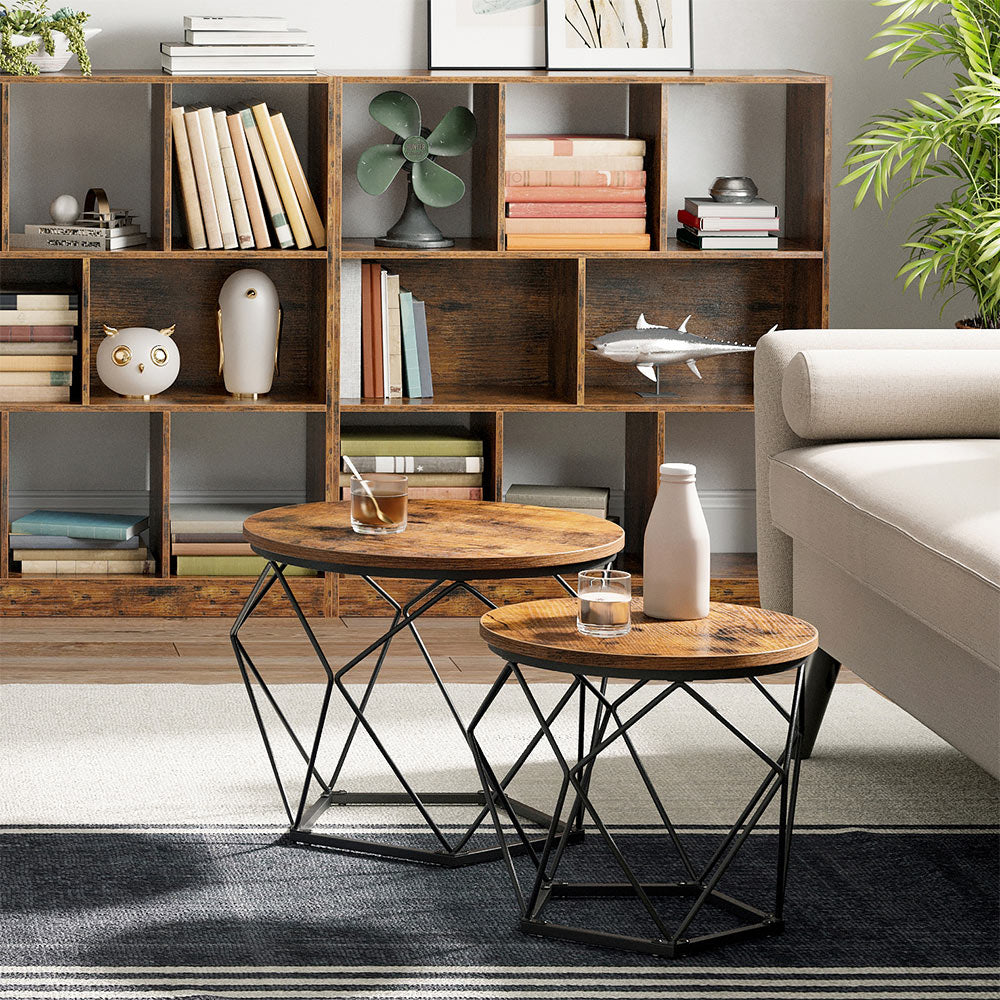 Set von 2 Couchtischen – Industrielles Design – Rund – Metall & Holzoptik