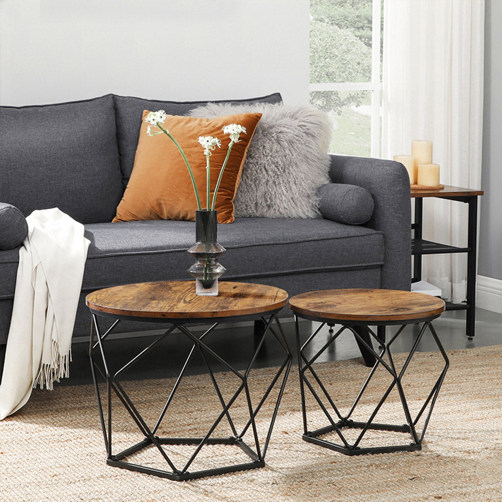 Set von 2 Couchtischen – Industrielles Design – Rund – Metall & Holzoptik