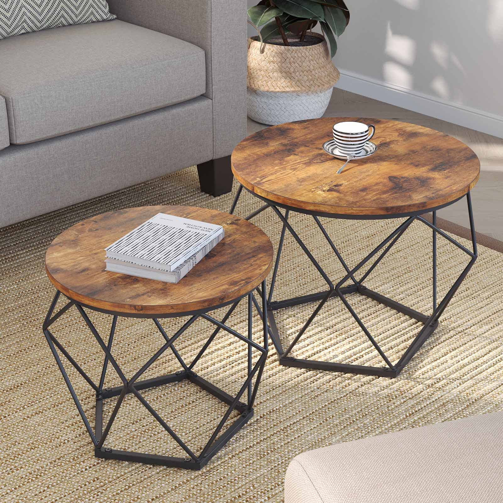 Set von 2 Couchtischen – Industrielles Design – Rund – Metall & Holzoptik