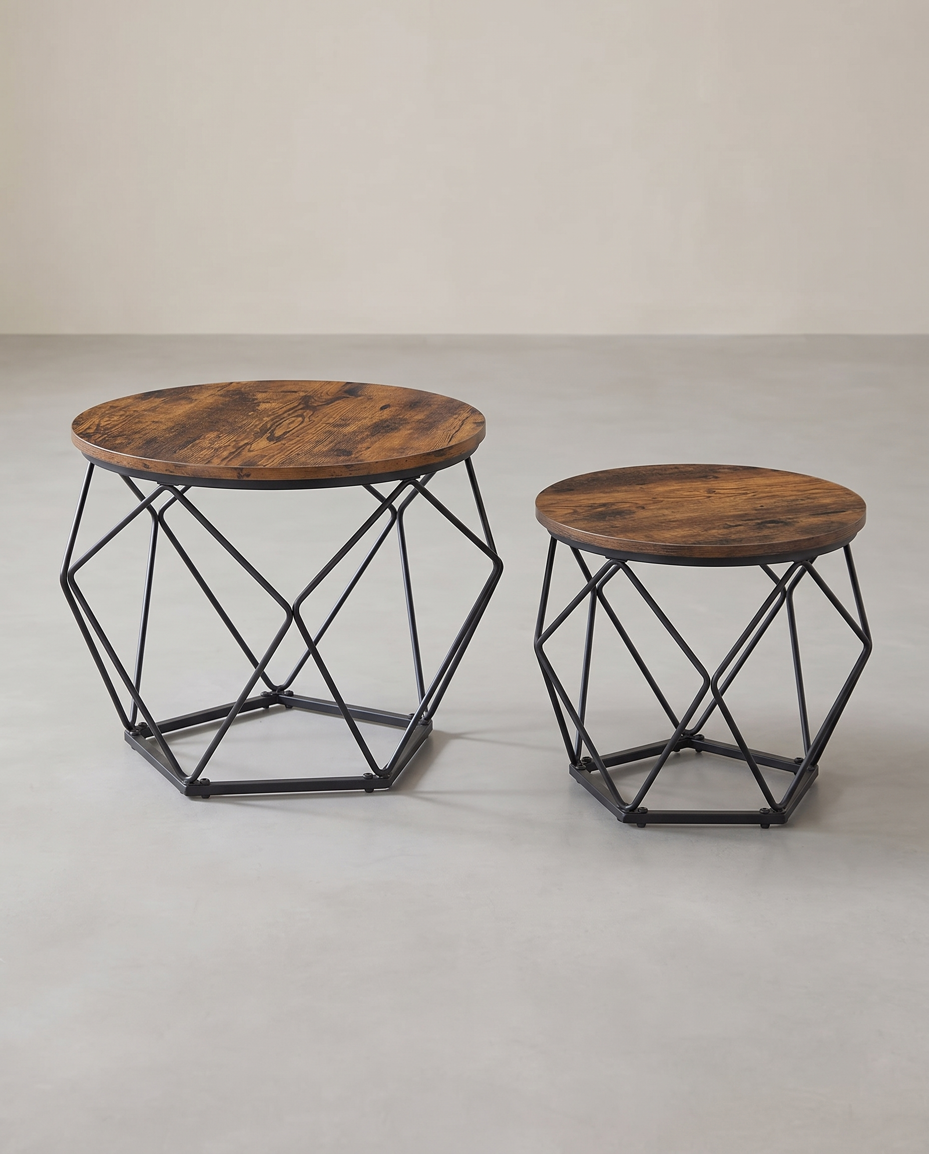 Set von 2 Couchtischen – Industrielles Design – Rund – Metall & Holzoptik