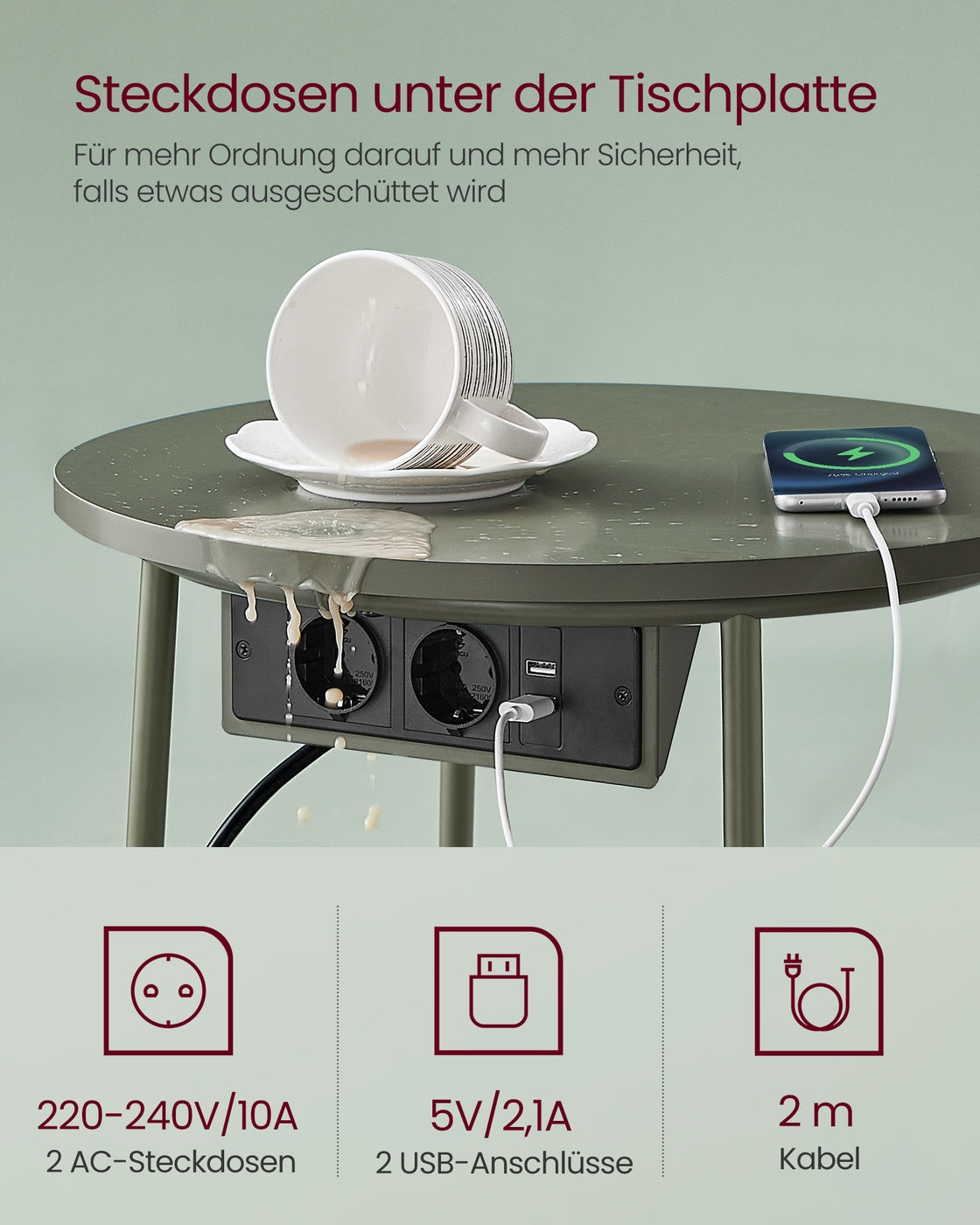 Beistelltisch mit Steckdose und USB-Anschluss - mit Korb - Moderner Tisch