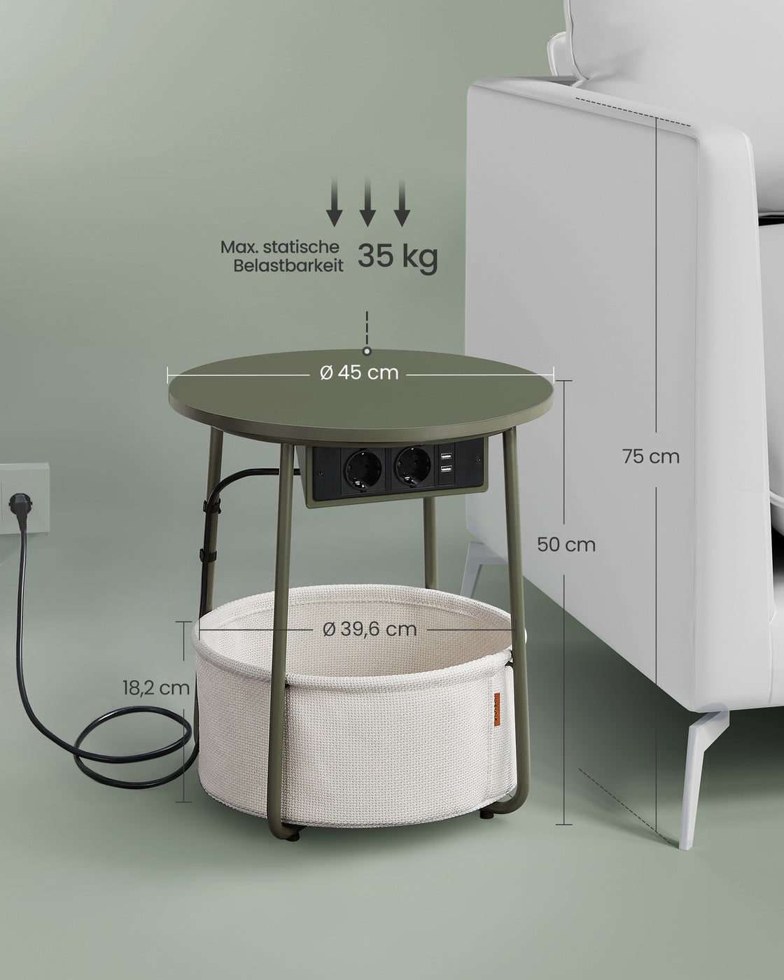 Beistelltisch mit Steckdose und USB-Anschluss - mit Korb - Moderner Tisch
