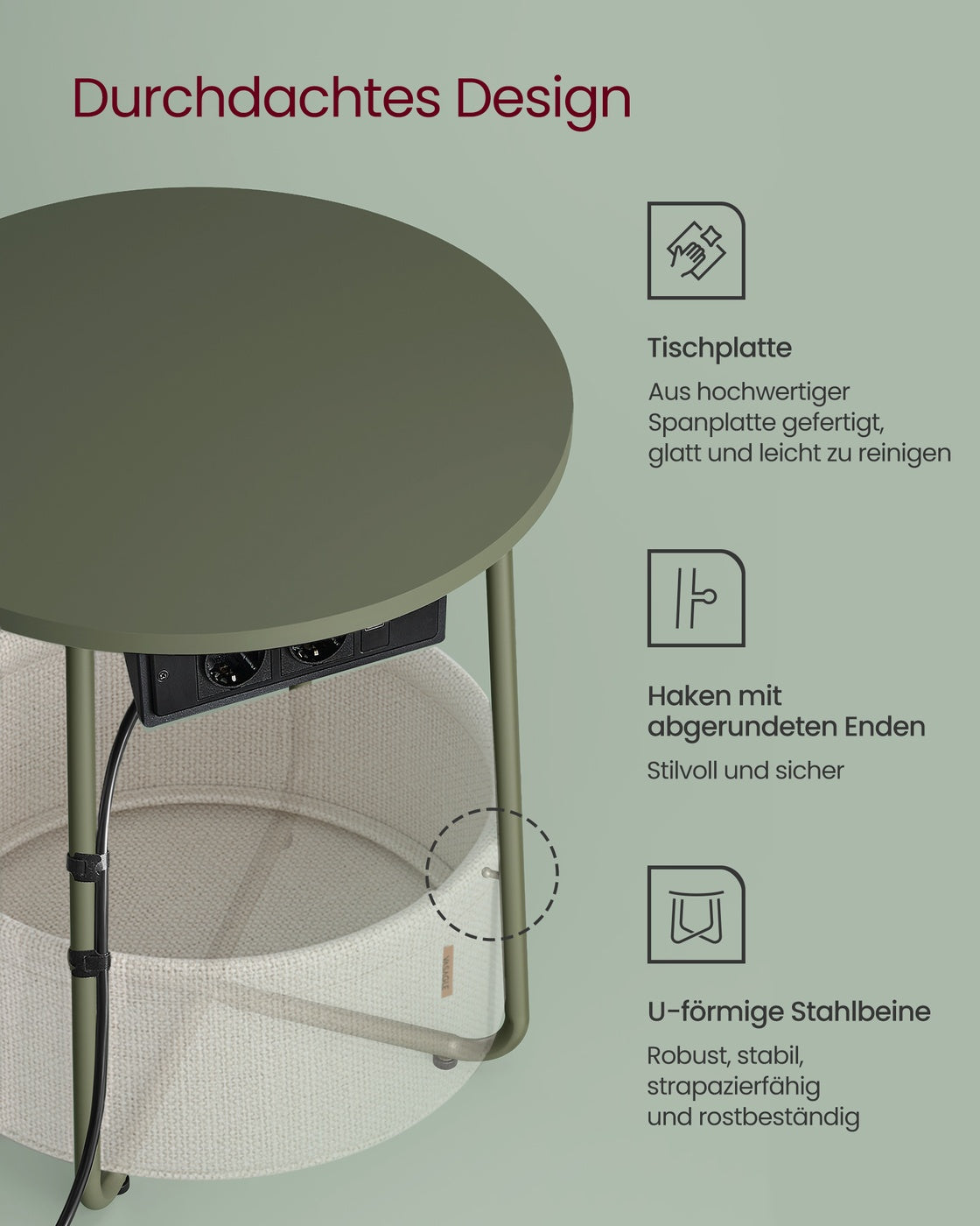 Beistelltisch mit Steckdose und USB-Anschluss - mit Korb - Moderner Tisch