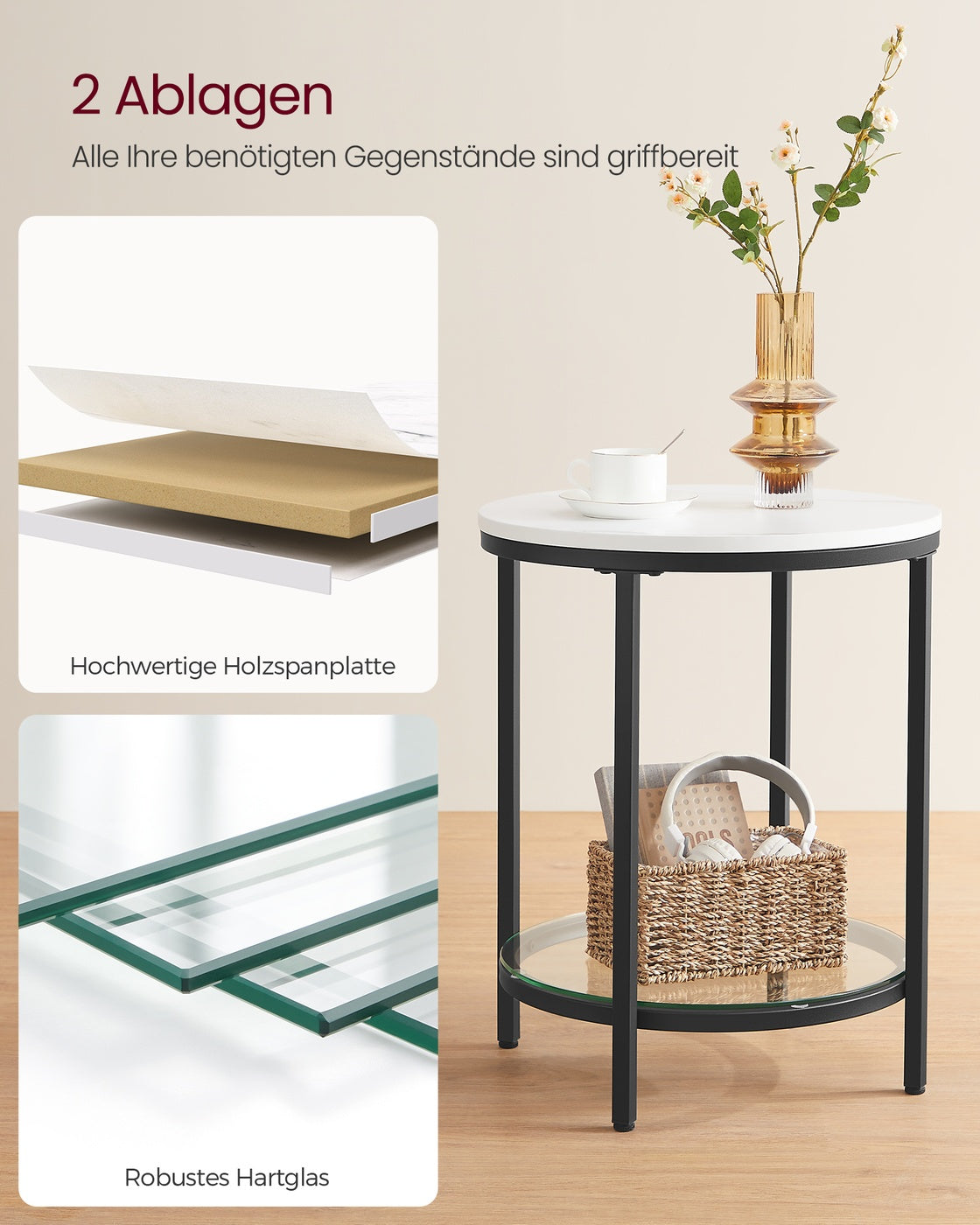 Beistelltisch Marmoroptik - Nachttisch mit 2 Ebenen - Gehärtetes Glas - Wohnzimmer - Schlafzimmer