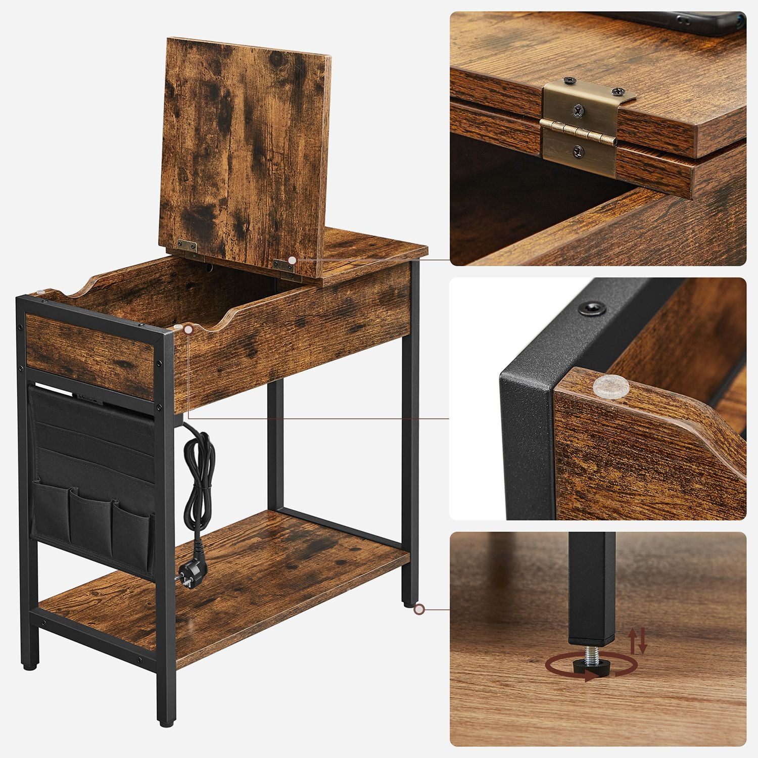 Beistelltisch mit Steckdosen und USB – Industrielles Design – 60 x 31,5 x 60 cm – Staufach & Stofftasche