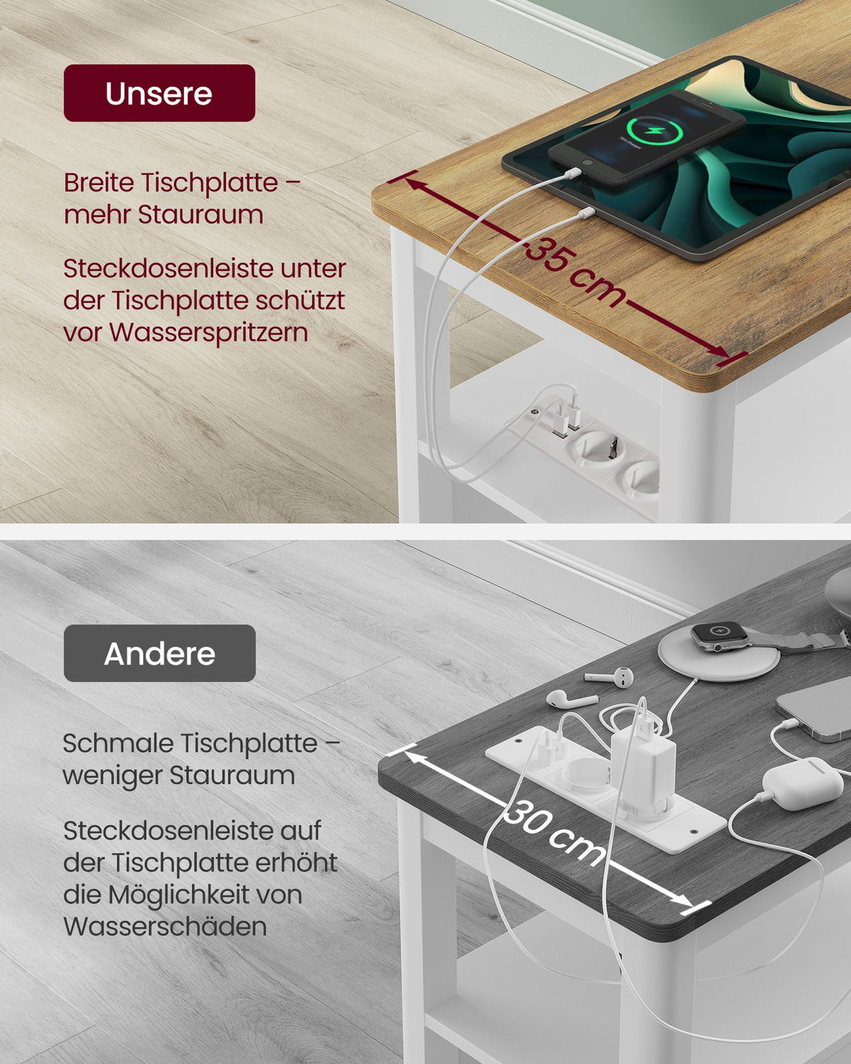 Nachttisch mit Steckdosen – Walnussoptik & Weiß