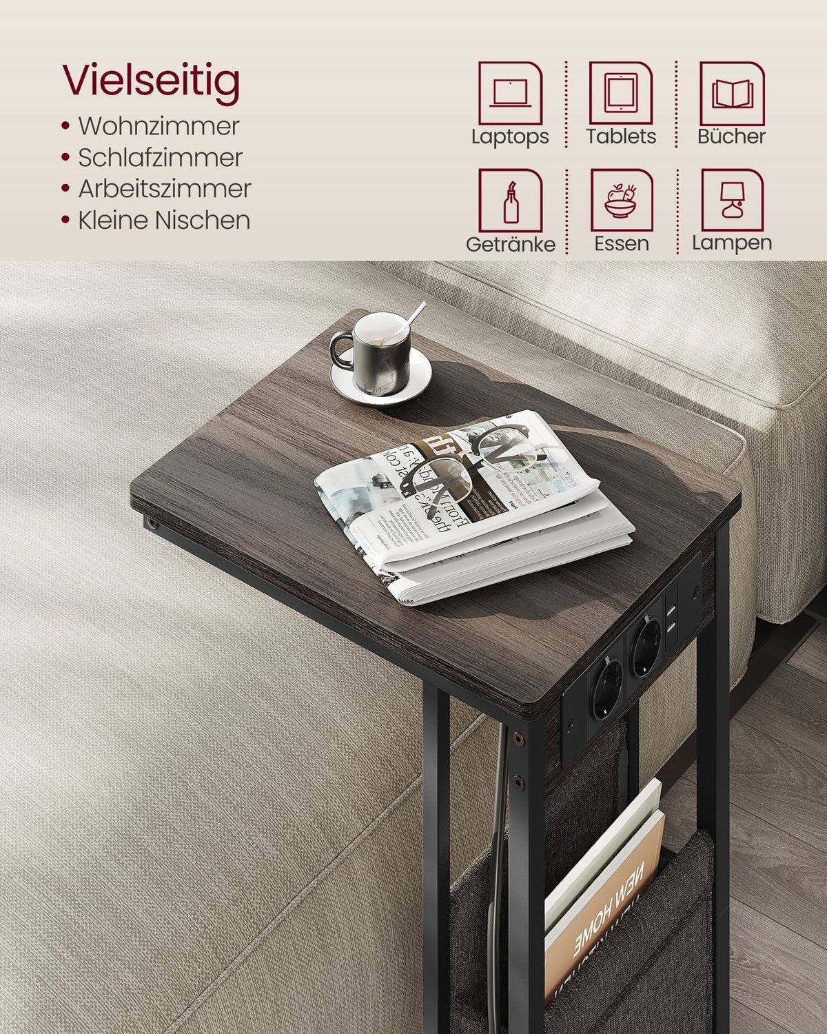 Beistelltisch mit Steckdose - Laptoptisch - C-Form