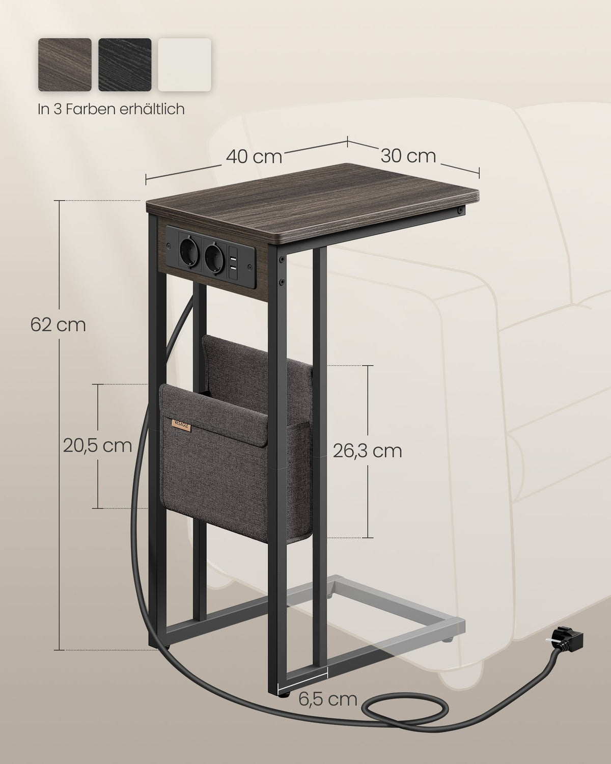 Beistelltisch mit Steckdose - Laptoptisch - C-Form