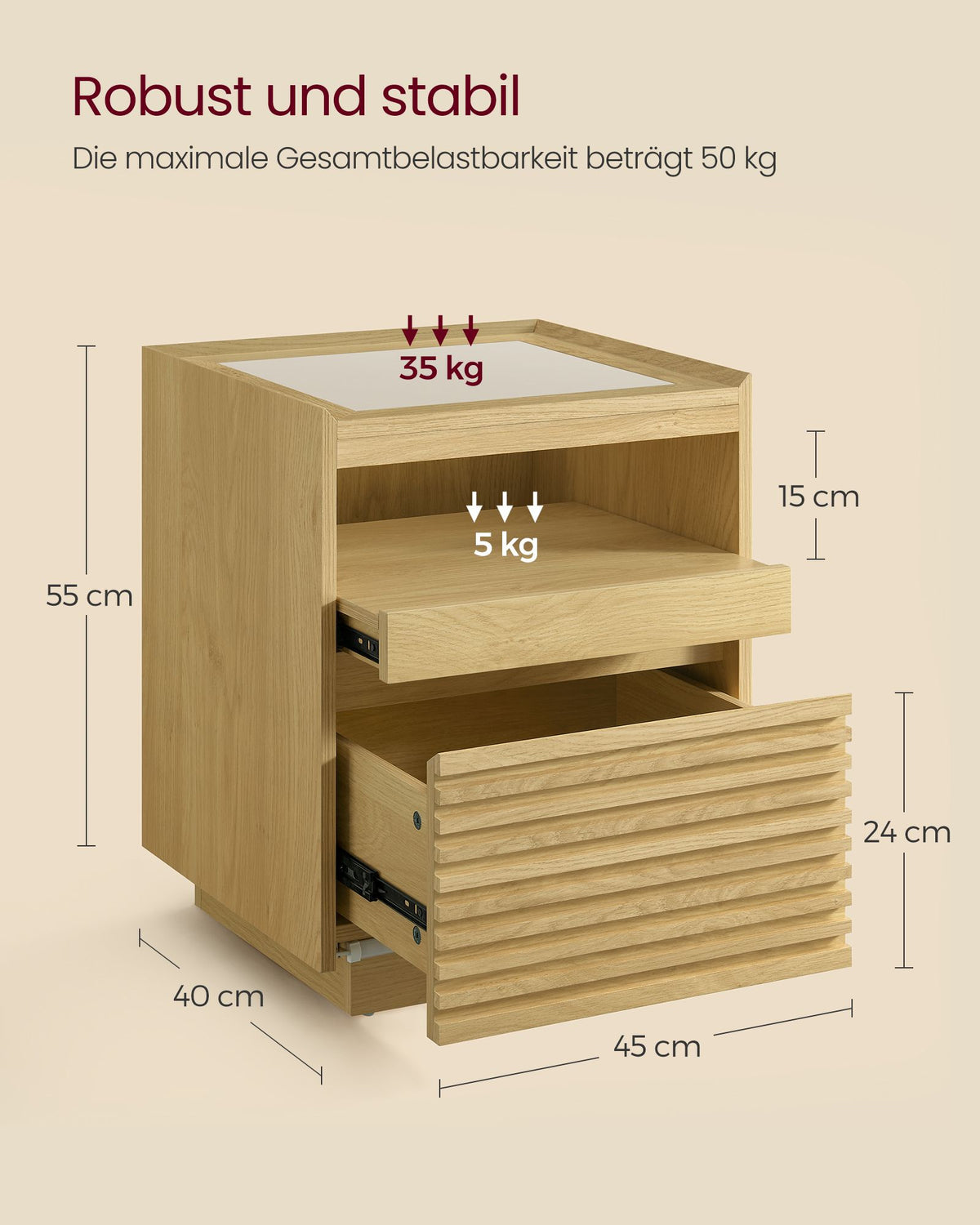 Nachttisch mit LED-Beleuchtung – Schublade & ausziehbare Ablage – Lamellen-Design – Natureiche