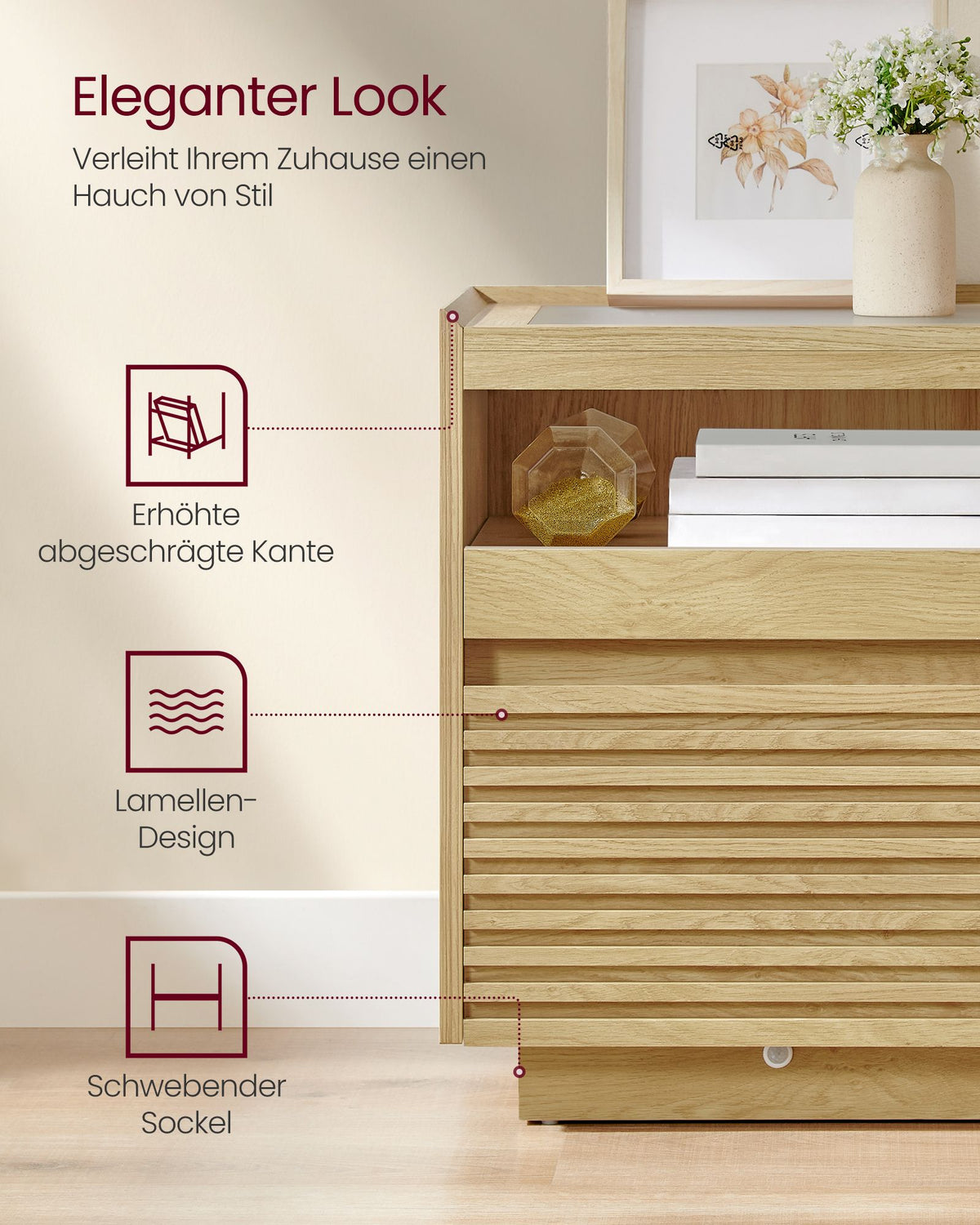 Nachttisch mit LED-Beleuchtung – Schublade & ausziehbare Ablage – Lamellen-Design – Natureiche